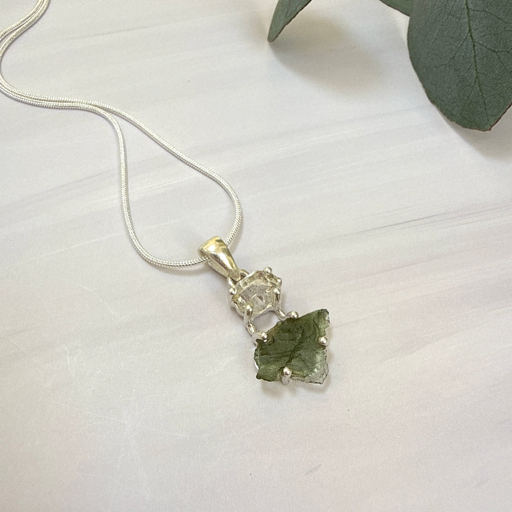 MOLDAVITE & HERKEMIER DIAMOND PENDANT