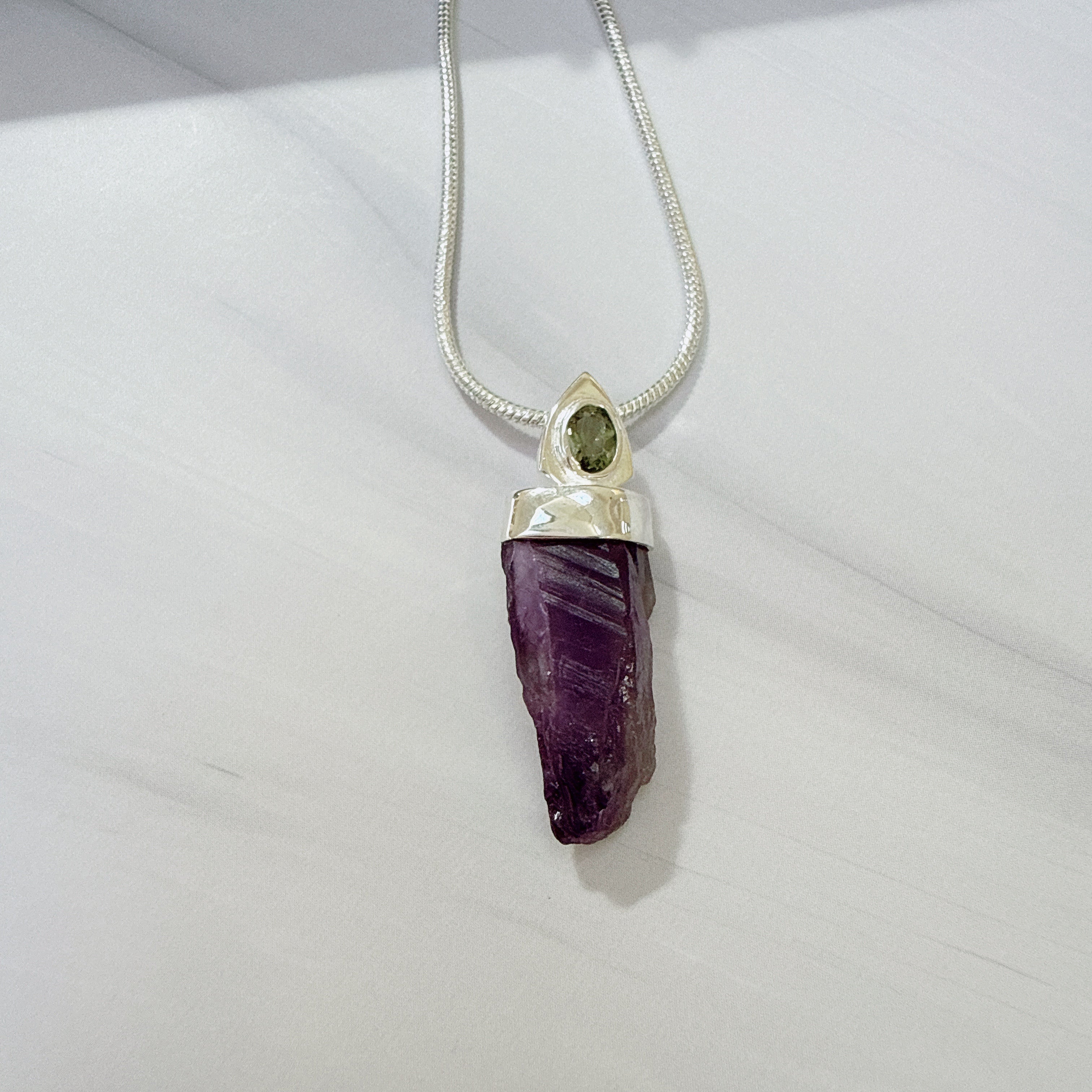 Designer Amethyst & Faceted Moldavite Pendant