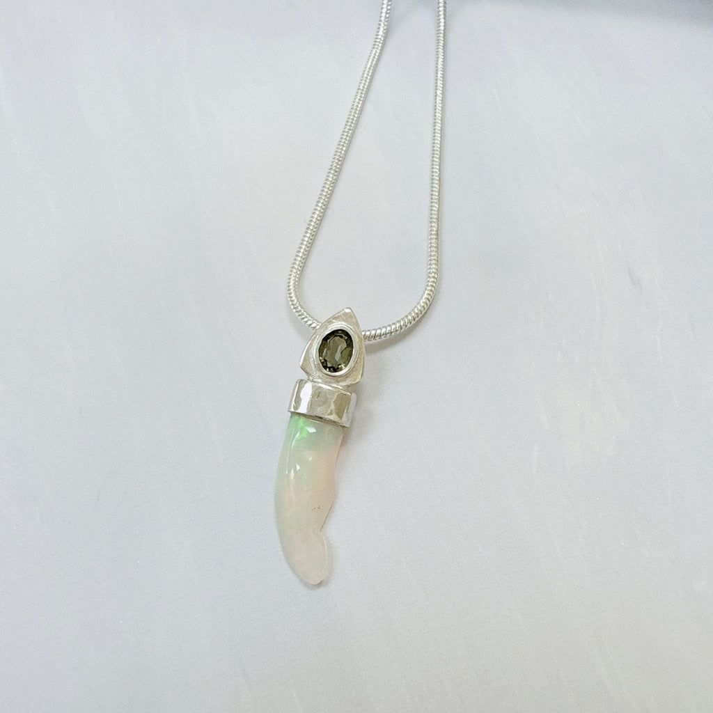 Faceted Moldavite & Ethiopian Opal Pendant