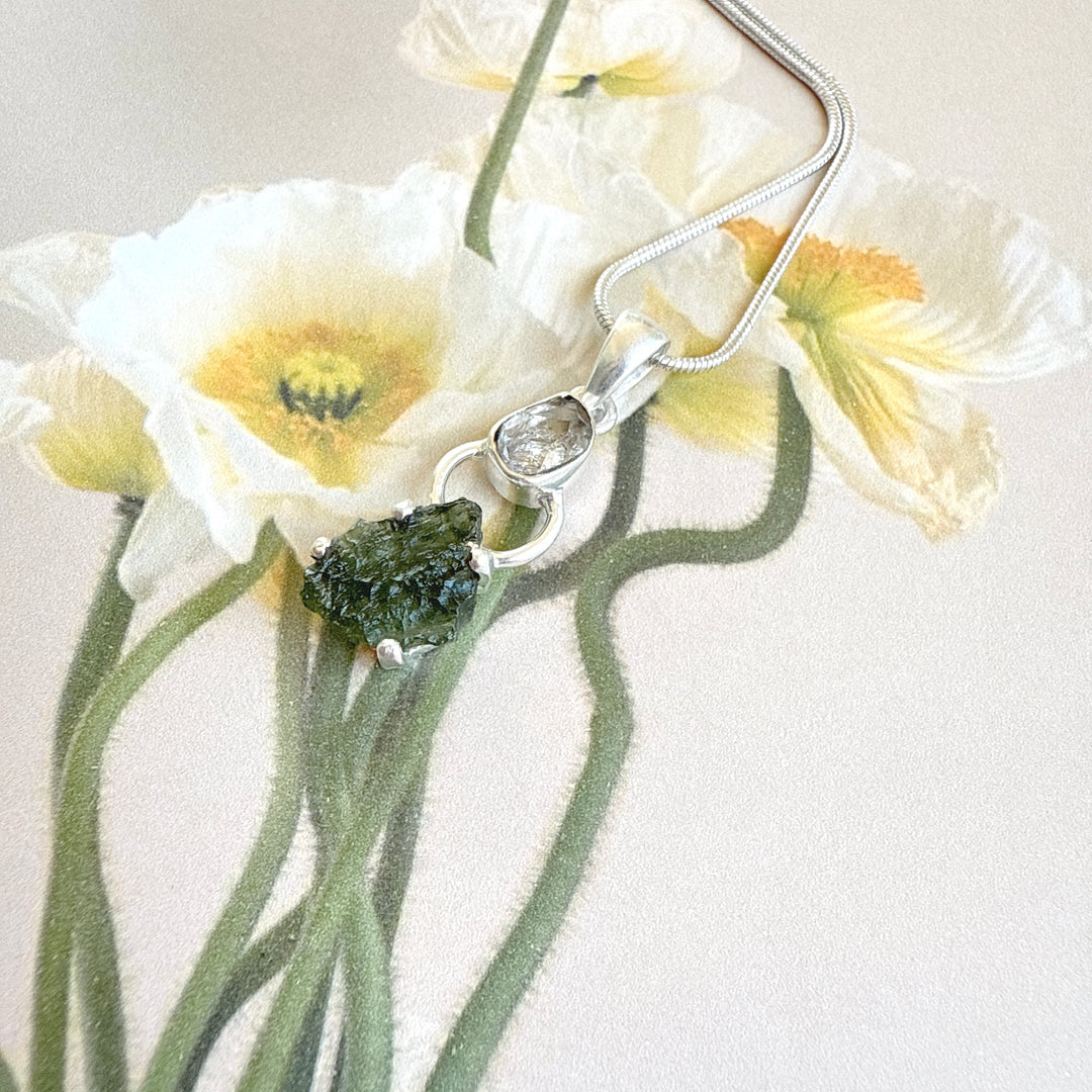 MOLDAVITE & HERKEMIER DIAMOND PENDANT