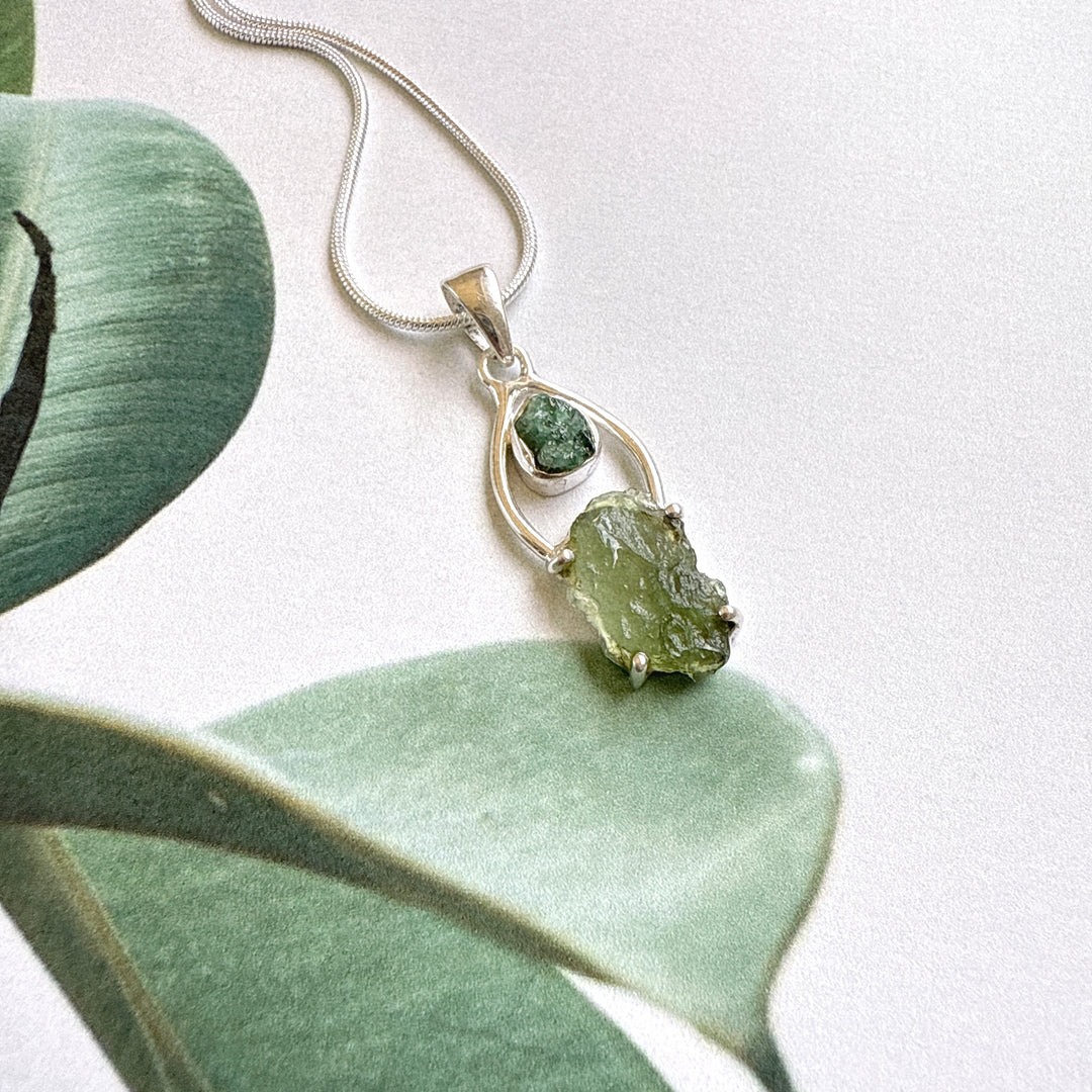 Moldavite & Green Tourmaline Pendant