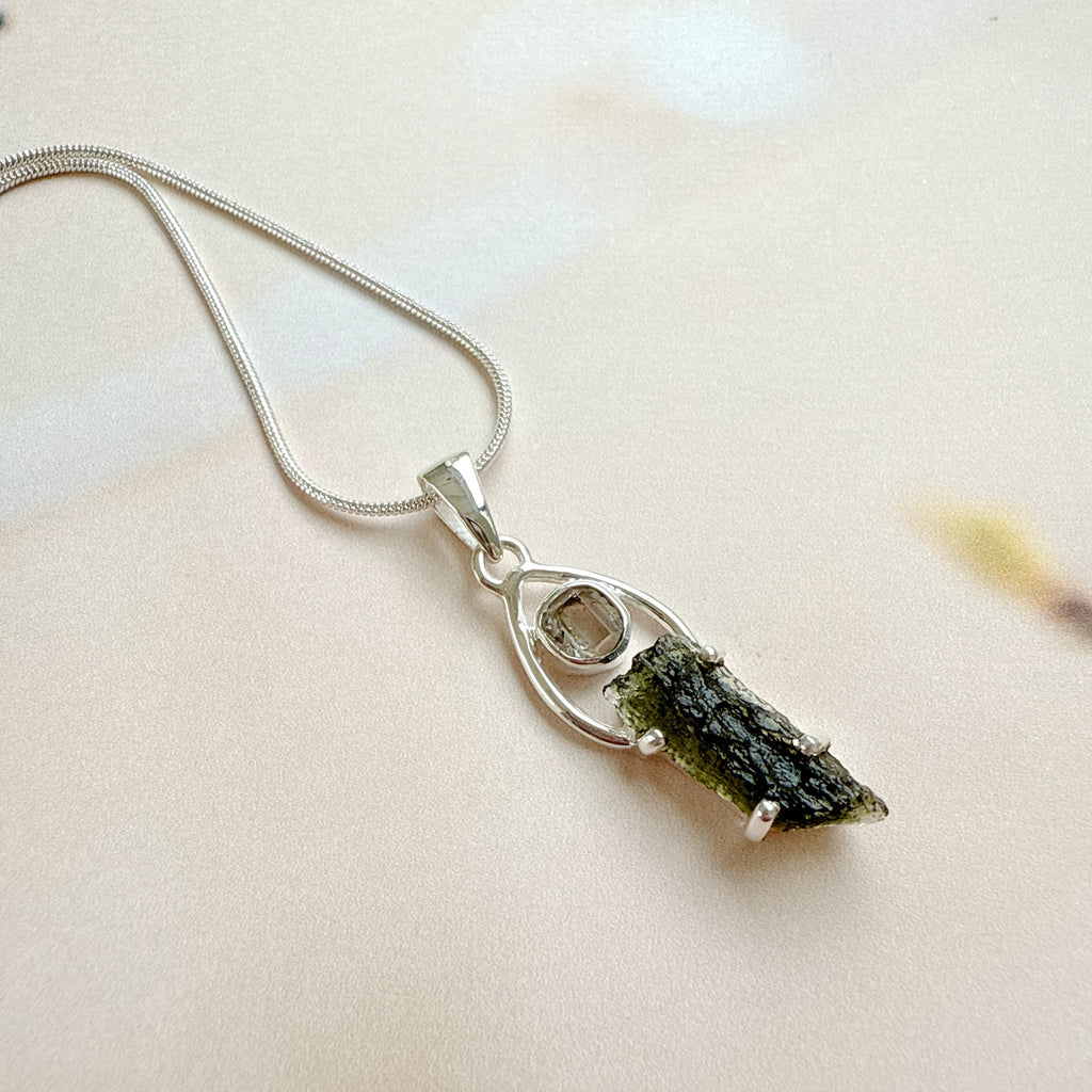 Moldavite & Herkimer Pendant