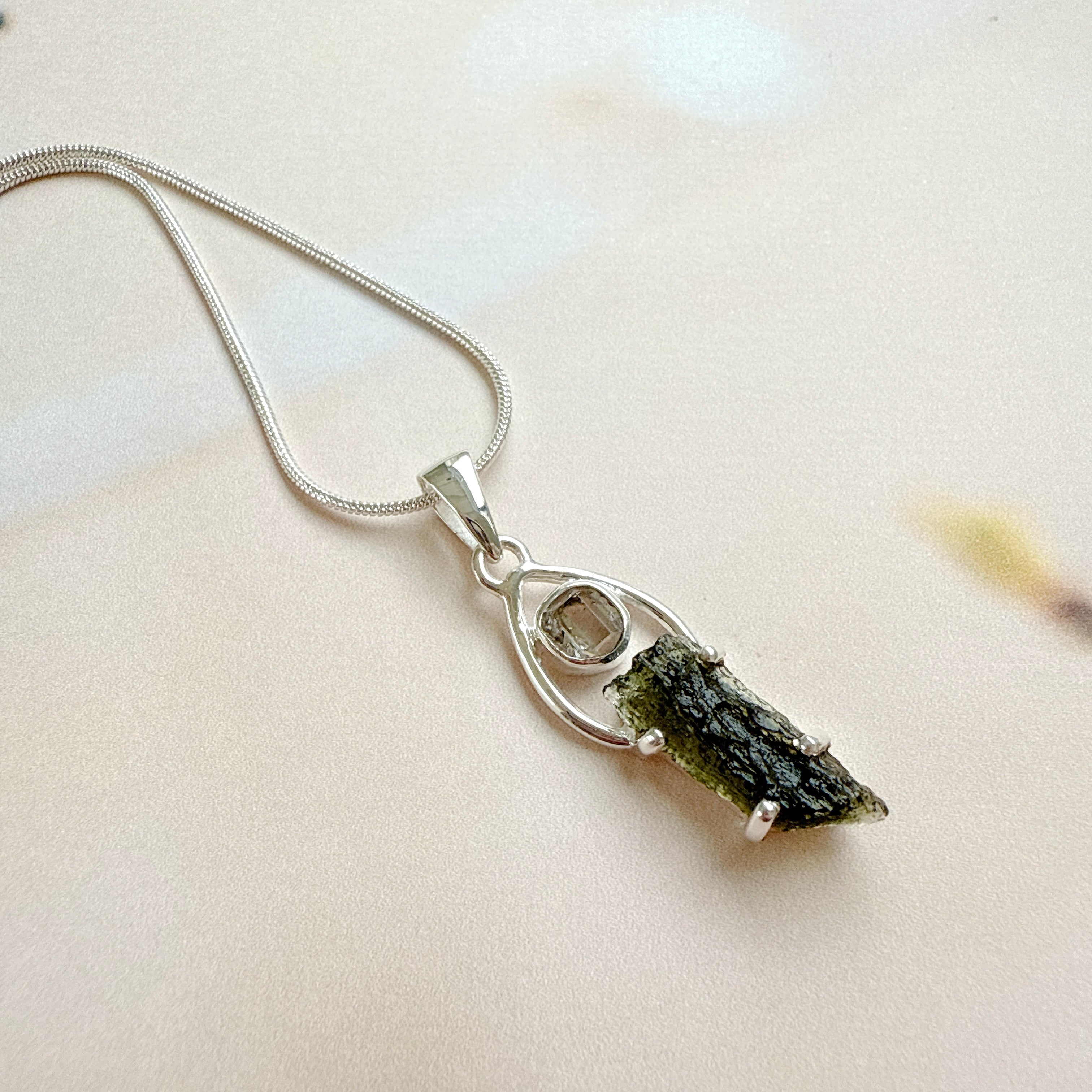 Moldavite & Herkimer Pendant