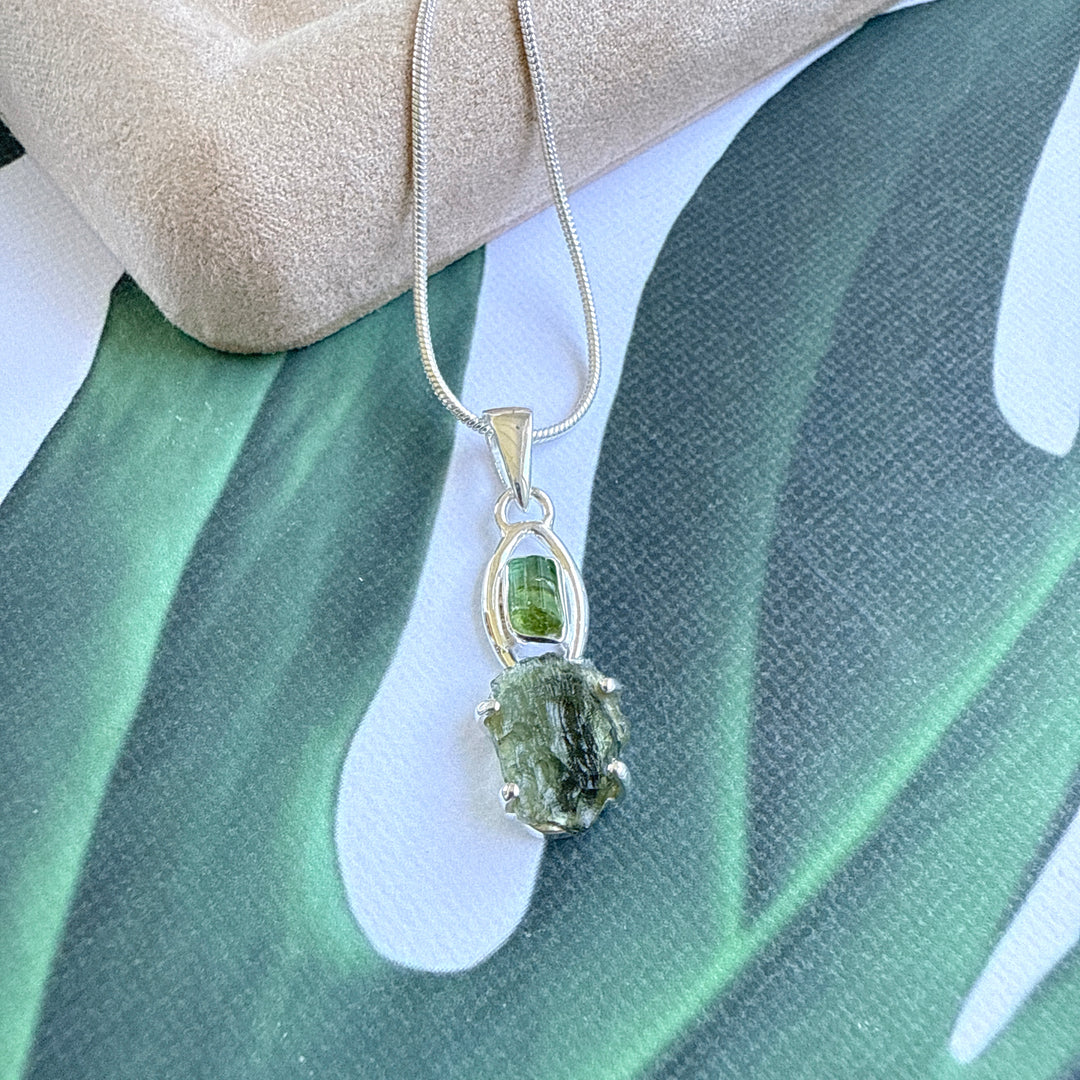 Moldavite & Green Tourmaline Pendant