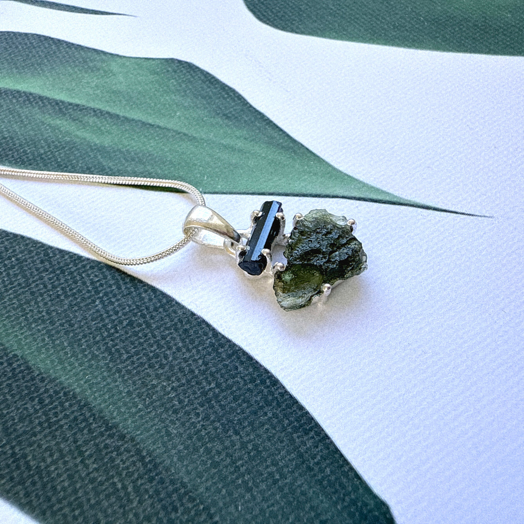 MOLDAVITE & BLACK TOURMALINE PENDANT