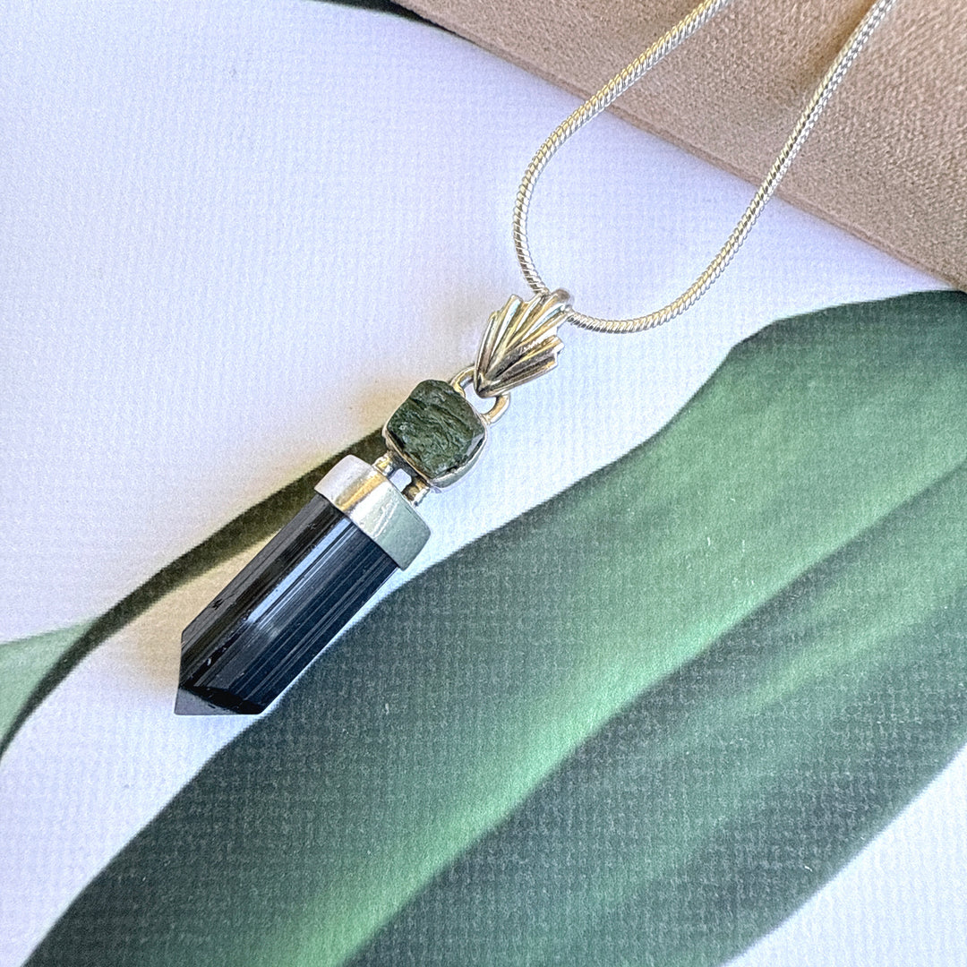 MOLDAVITE & BLACK TOURMALINE PENDANT