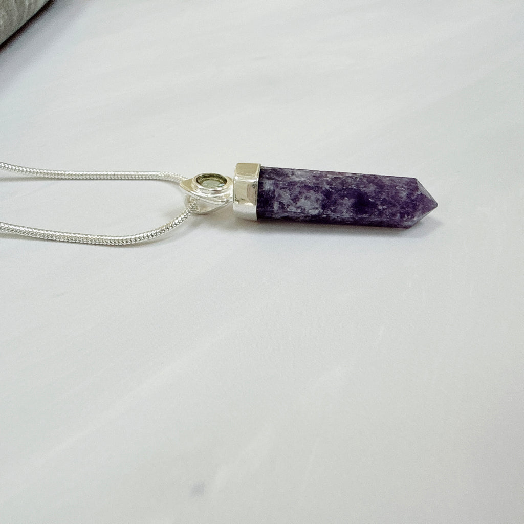 Purple Lepidolite Worry Stone & Moldavite Faceted Pendant