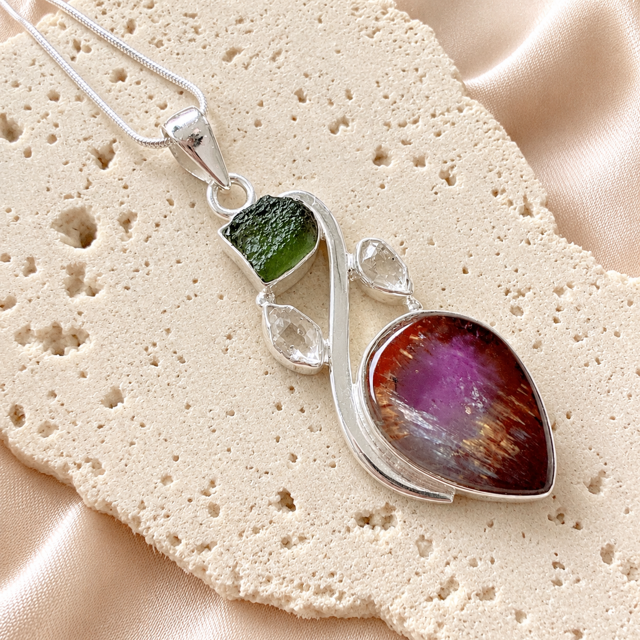 Designer – Super Seven Cacoxenite, Moldavite & Herkimer Diamond Pendant