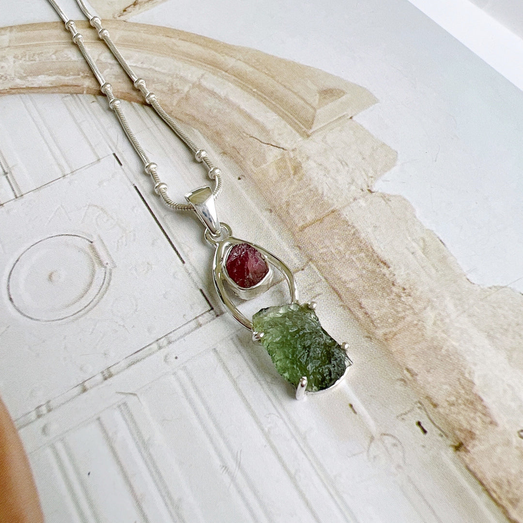 Moldavite & Pink Tourmaline Pendant