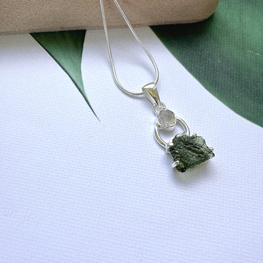 MOLDAVITE & HERKEMIER DIAMOND PENDANT