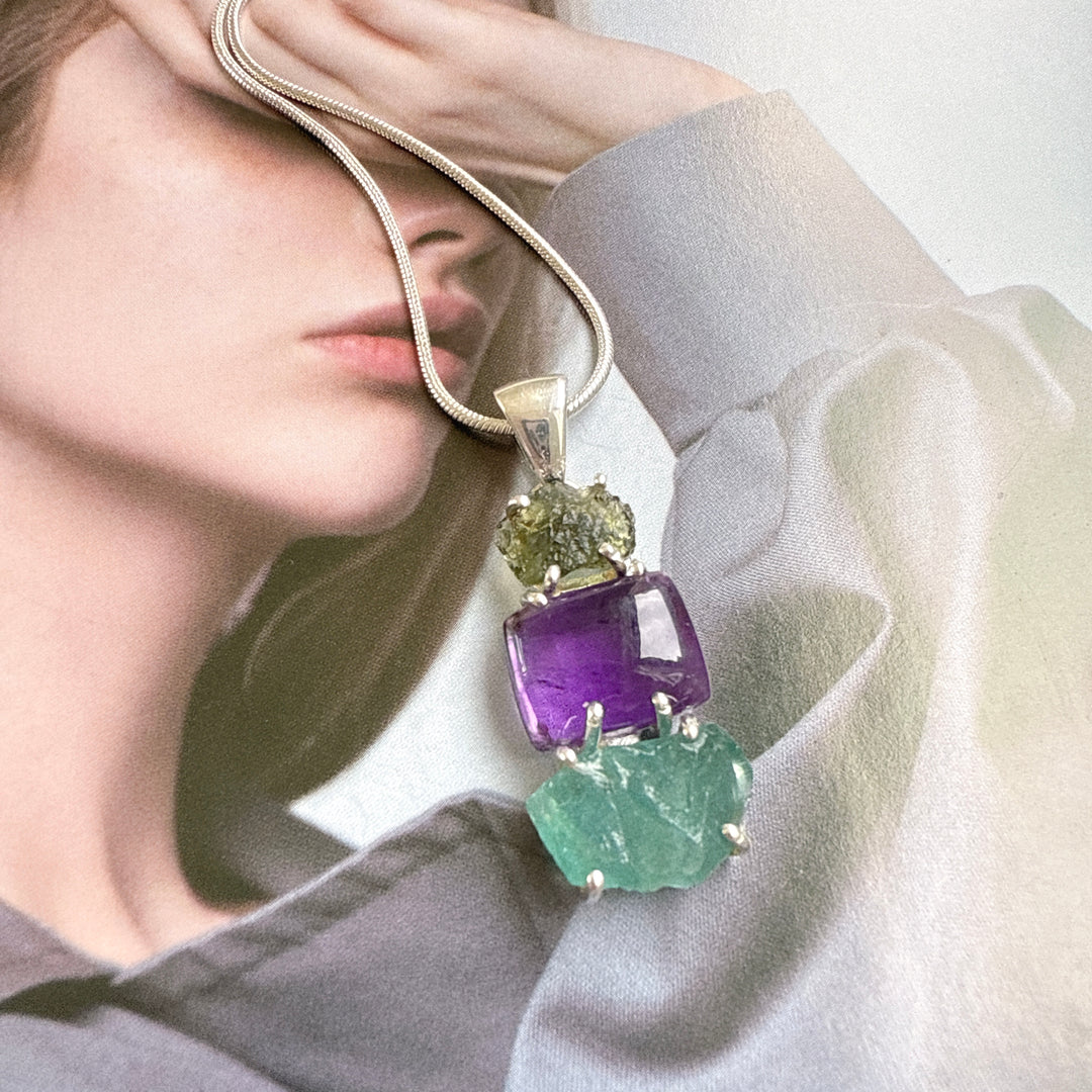 Moldavite, Amethyst & Neon Blue Apatite Pendant