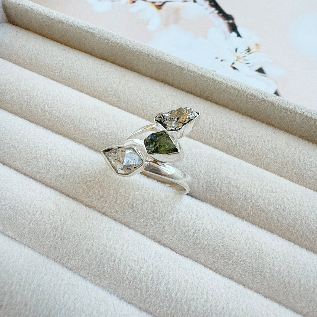 MOLDAVITE, HERKIMER DIAMOND & CAMPO DEL CIELO RING