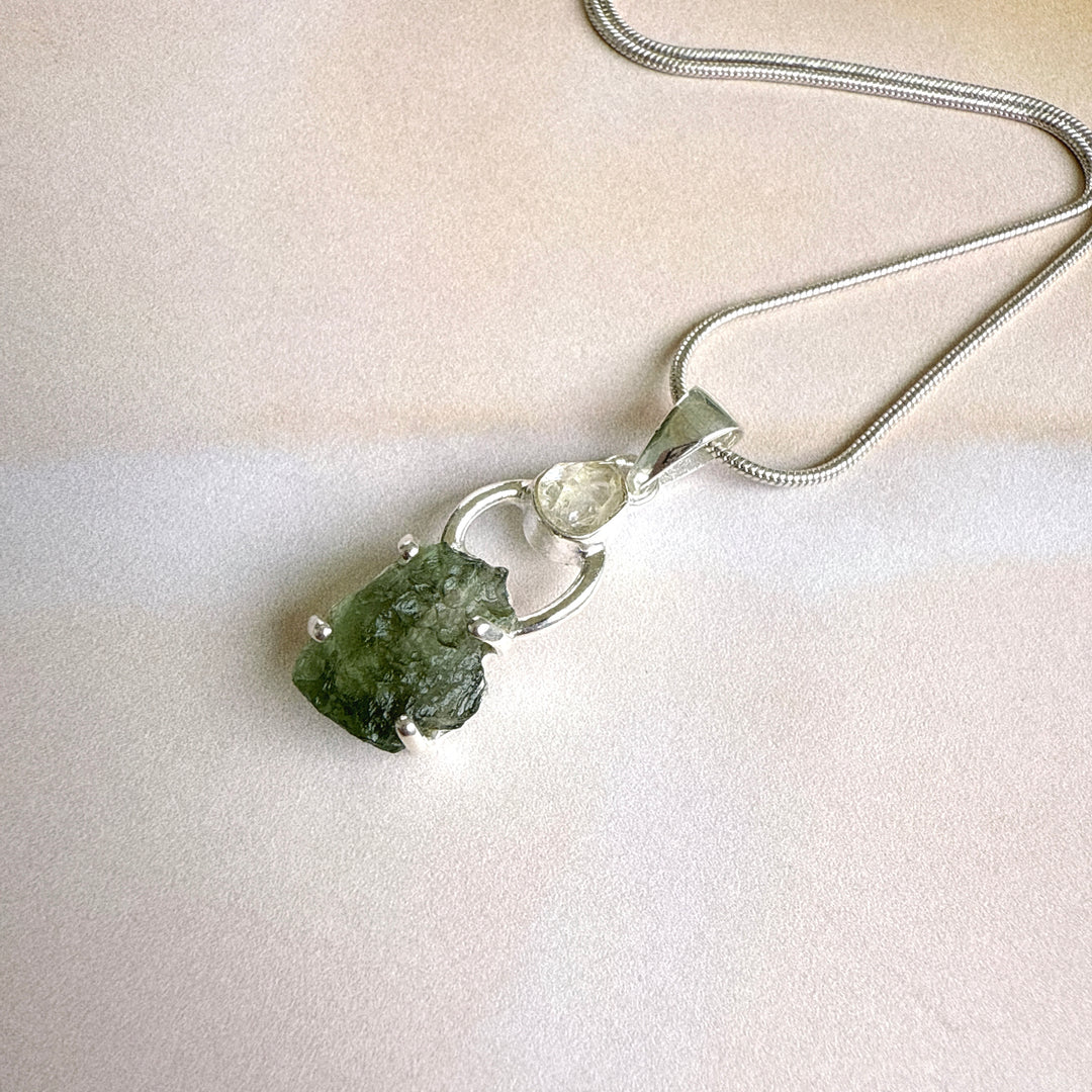 Moldavite & Herkimer Pendant