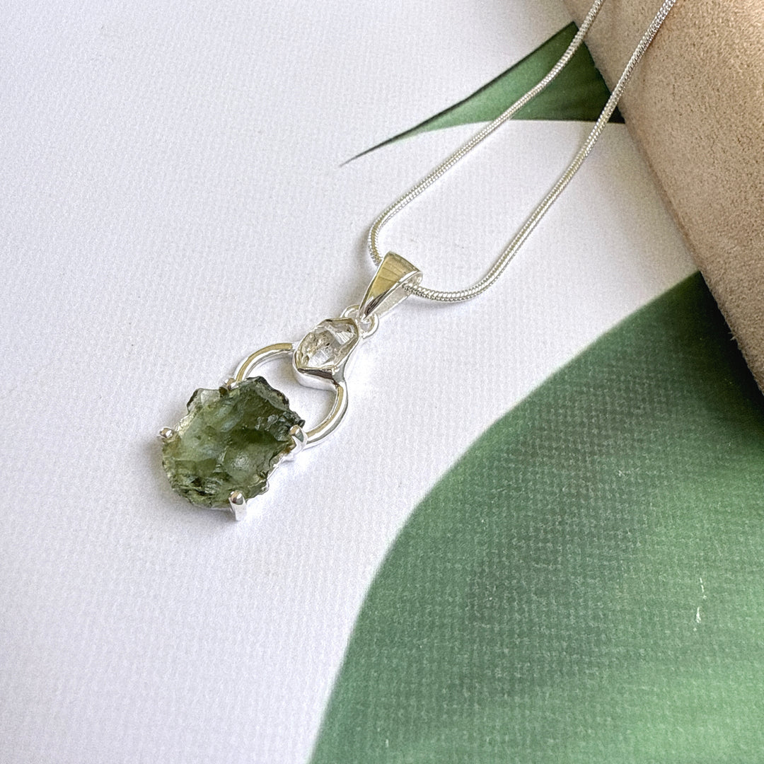 Moldavite & Herkimer Pendant