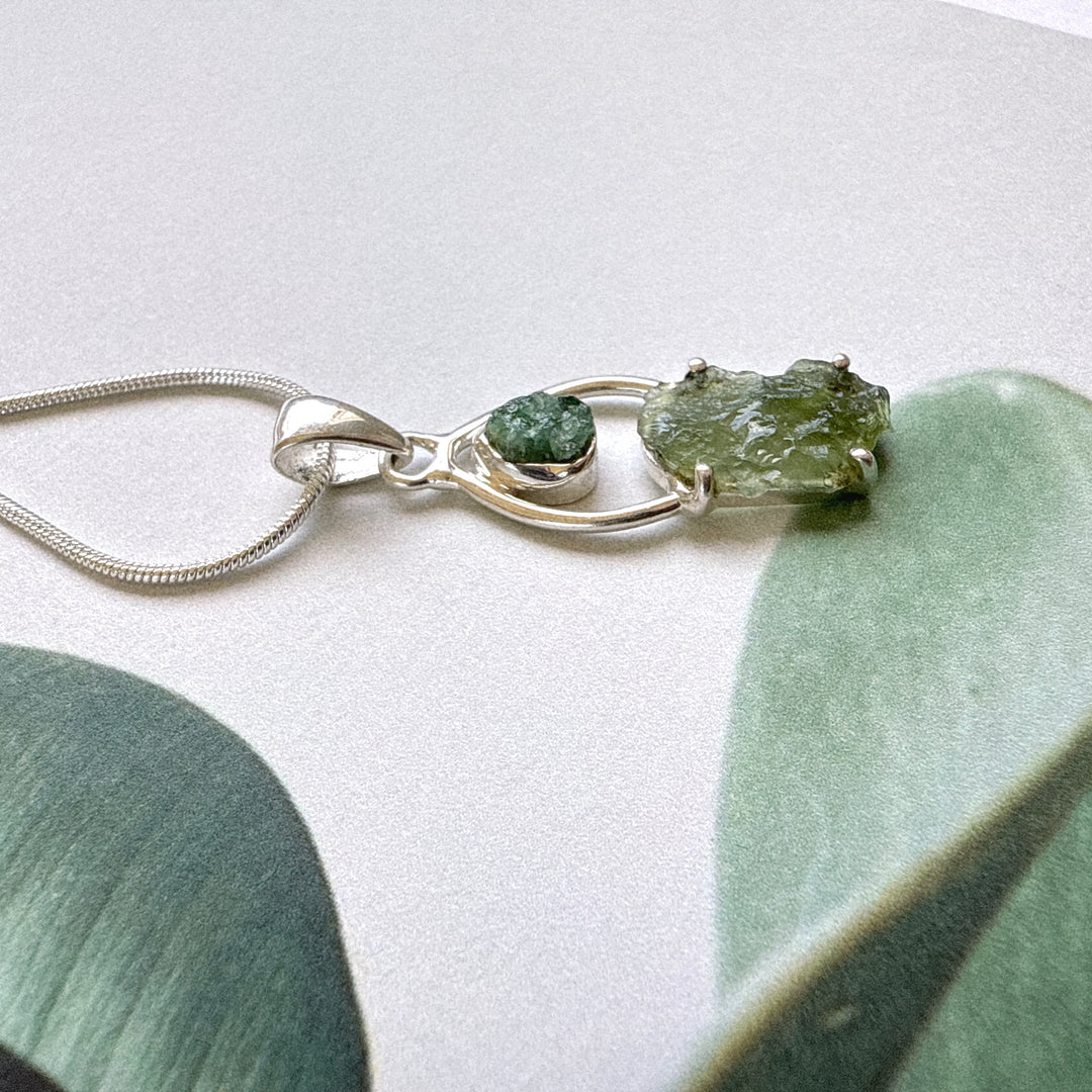 Moldavite & Green Tourmaline Pendant