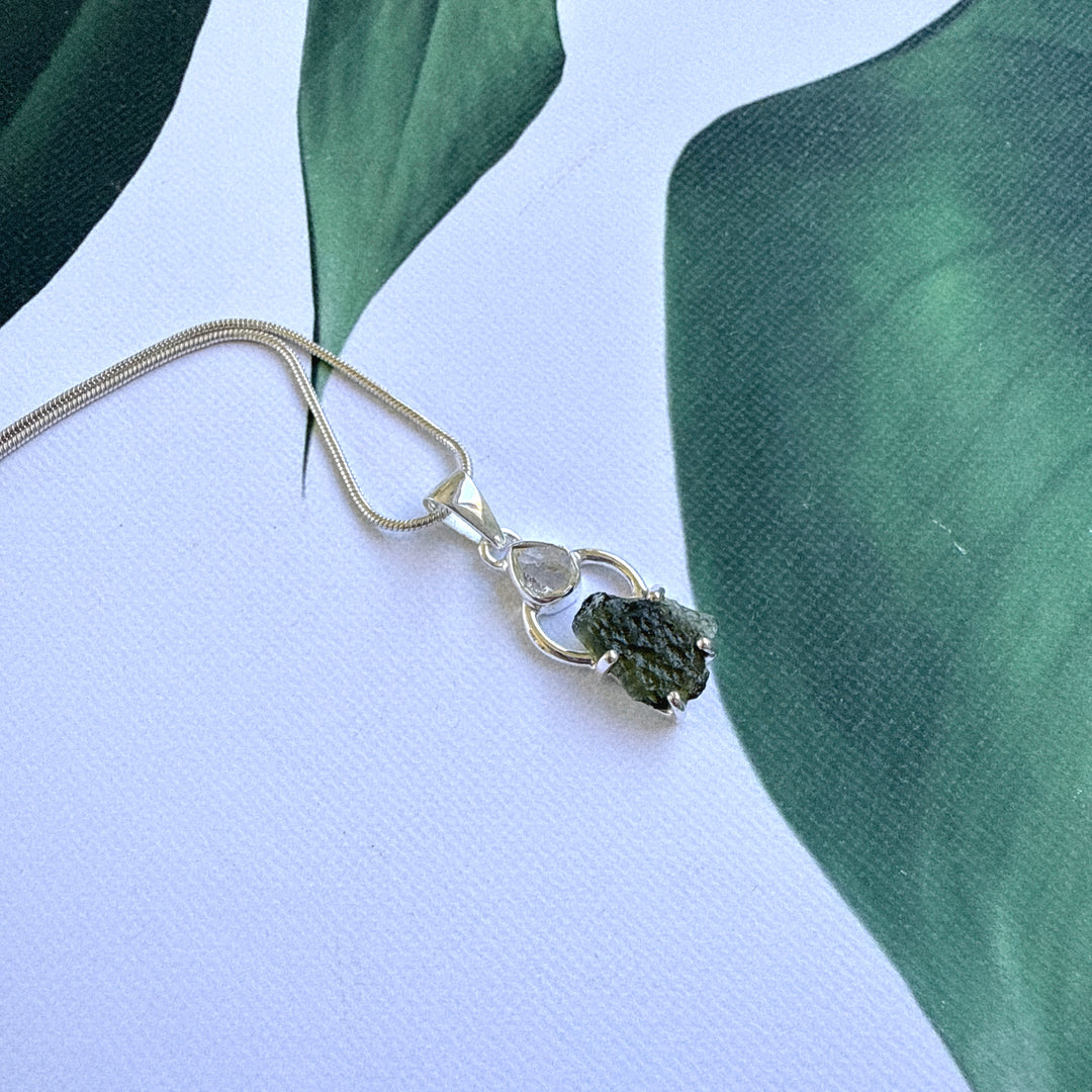 Moldavite & Herkimer Pendant
