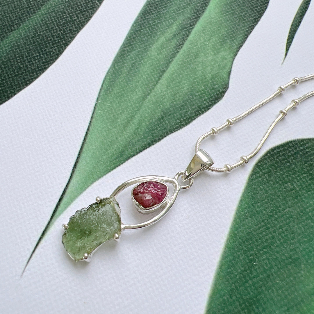 Moldavite & Pink Tourmaline Pendant