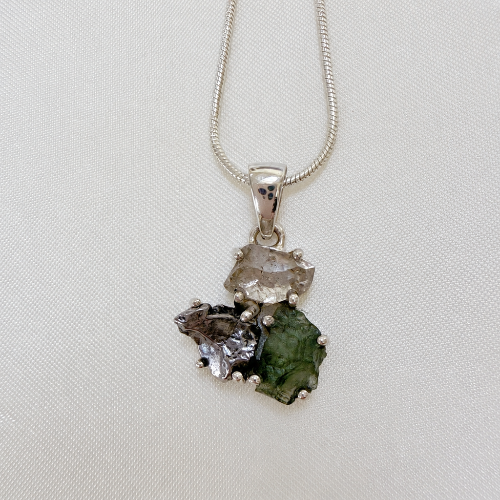 Moldavite, Herkimer Diamond & Campo del Cielo Meteorite Pendant