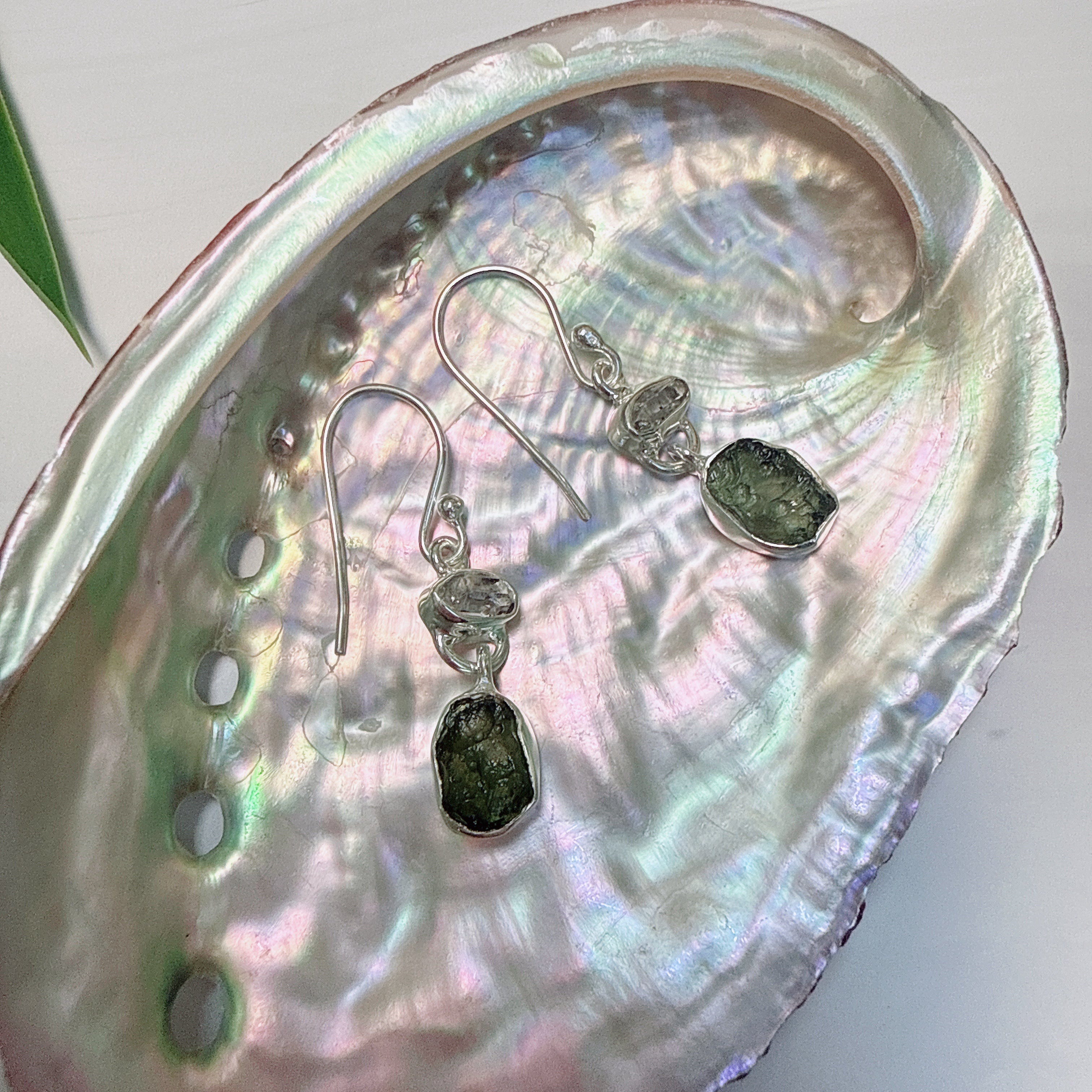 Moldavite & Herkimer Diamond Earrings