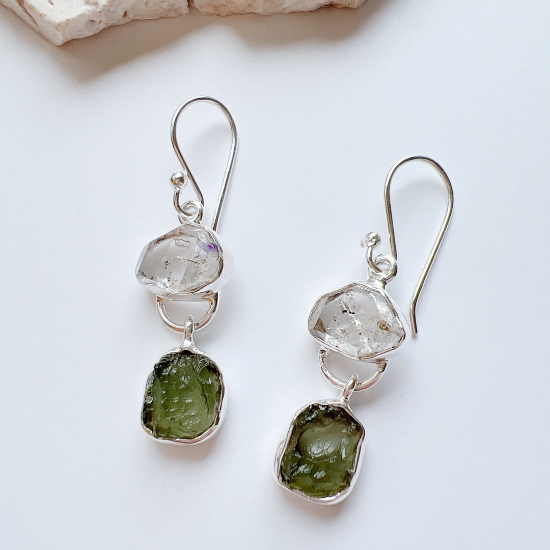 Moldavite & Herkemir Diamond Earrings