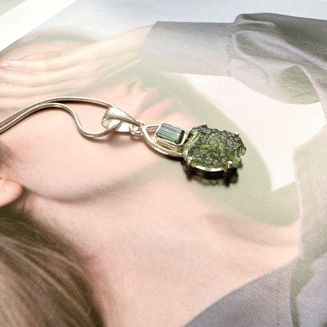 Moldavite & Green Tourmaline Pendant
