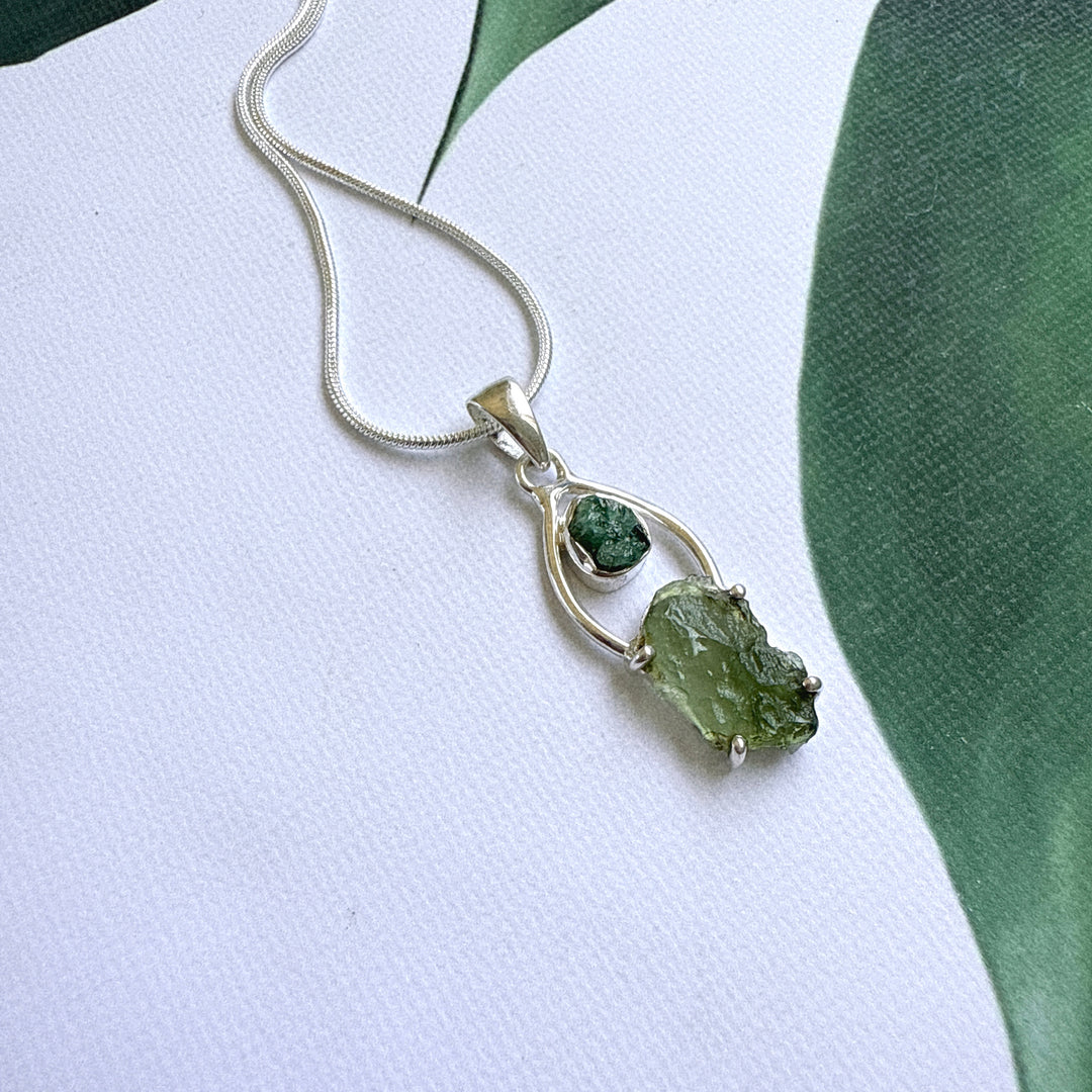 Moldavite & Green Tourmaline Pendant