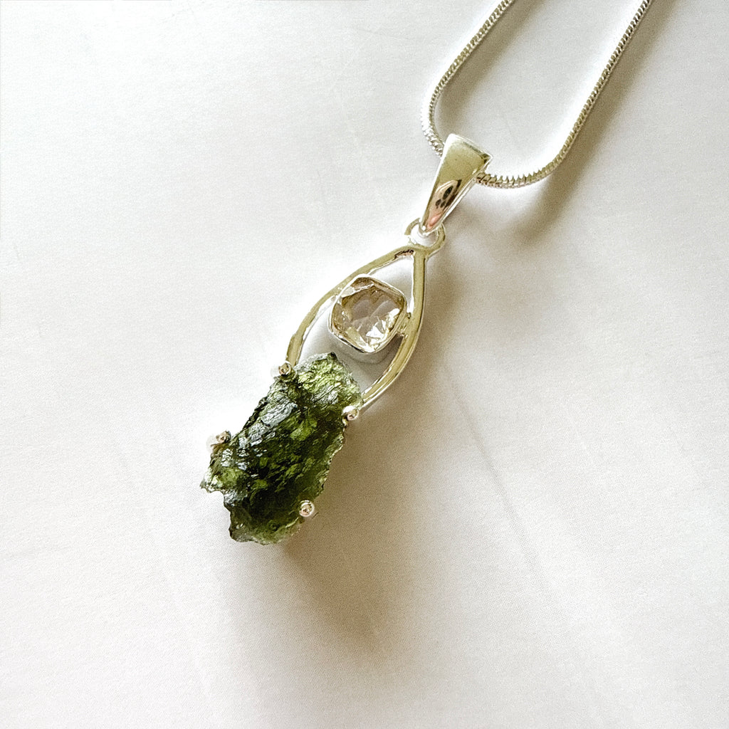 Moldavite & Herkimer Diamond Pendant