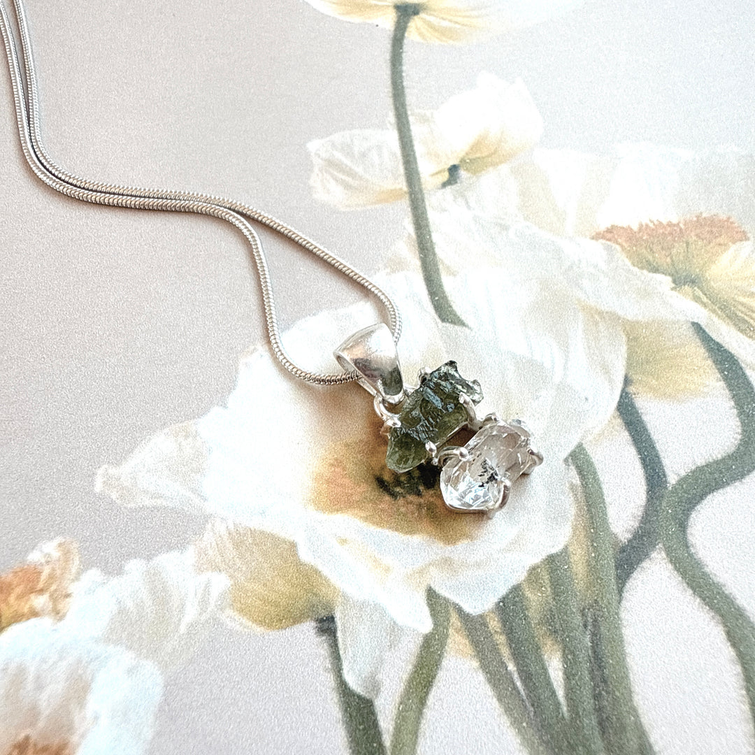 MOLDAVITE & HERKEMIER DIAMOND PENDANT