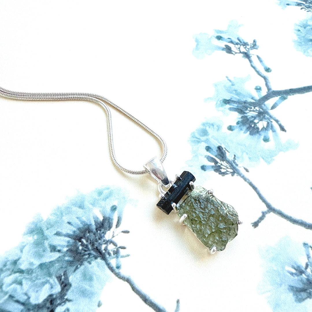 MOLDAVITE & BLACK TOURMALINE PENDANT