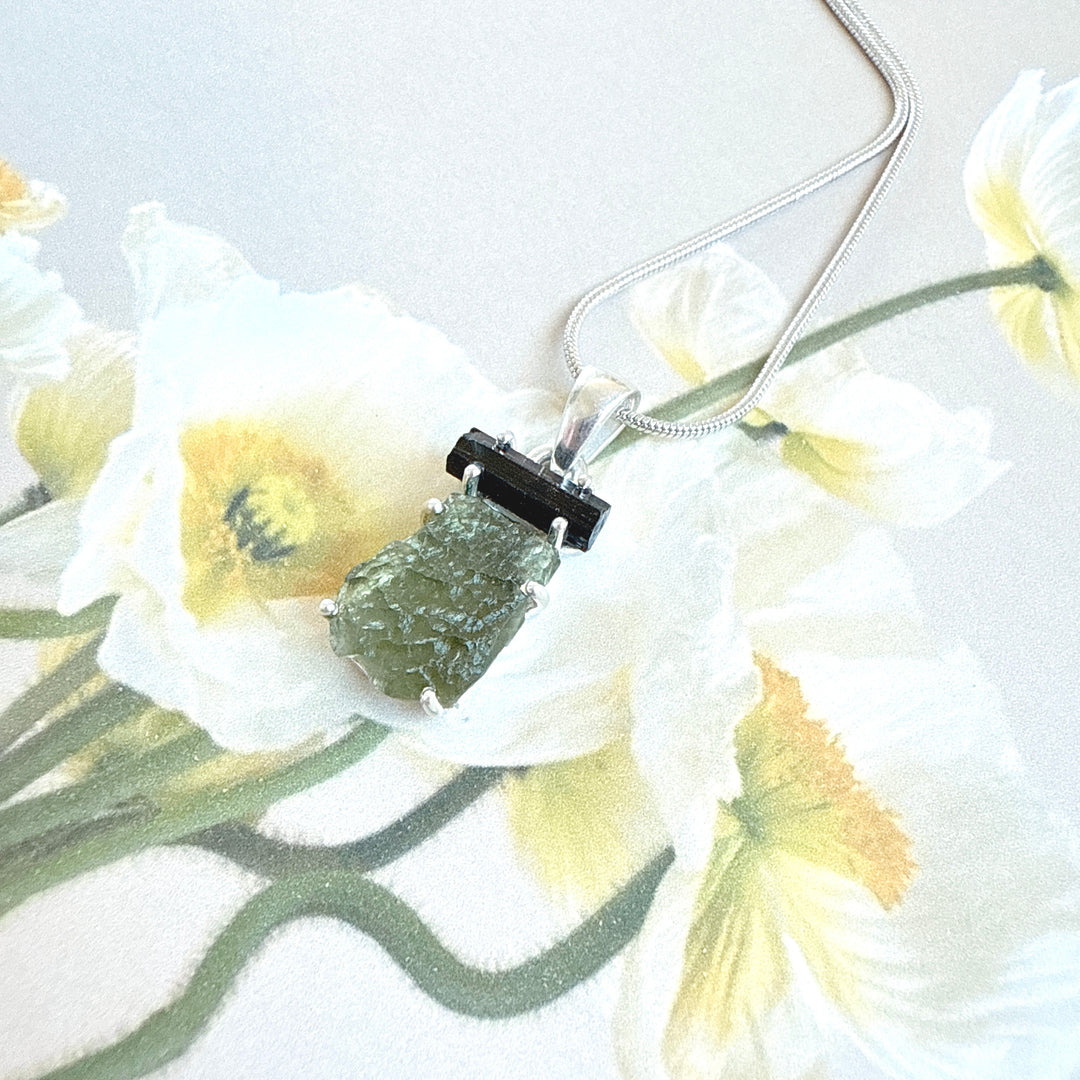 MOLDAVITE & BLACK TOURMALINE PENDANT