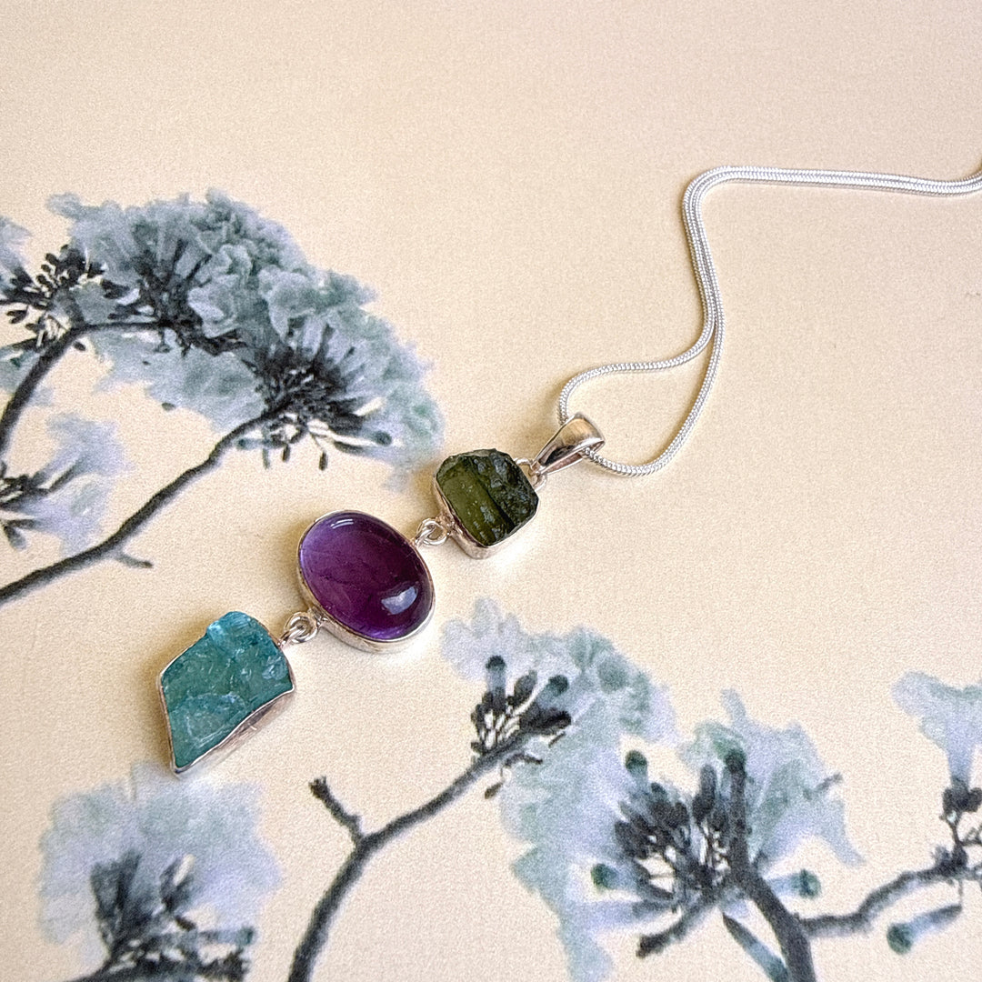 Moldavite, Amethyst & Neon Blue Apatite Pendant