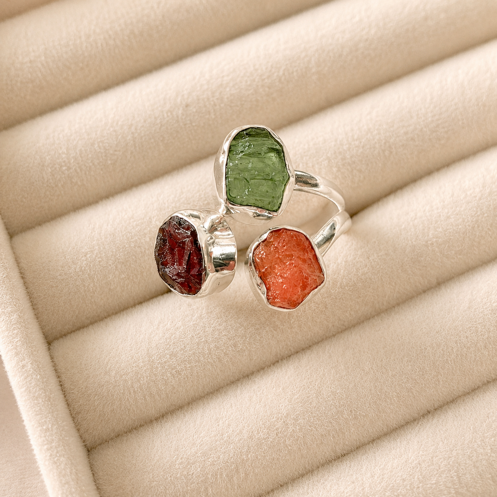 Designer – Moldavite, Mexican Opal & Garnet Ring