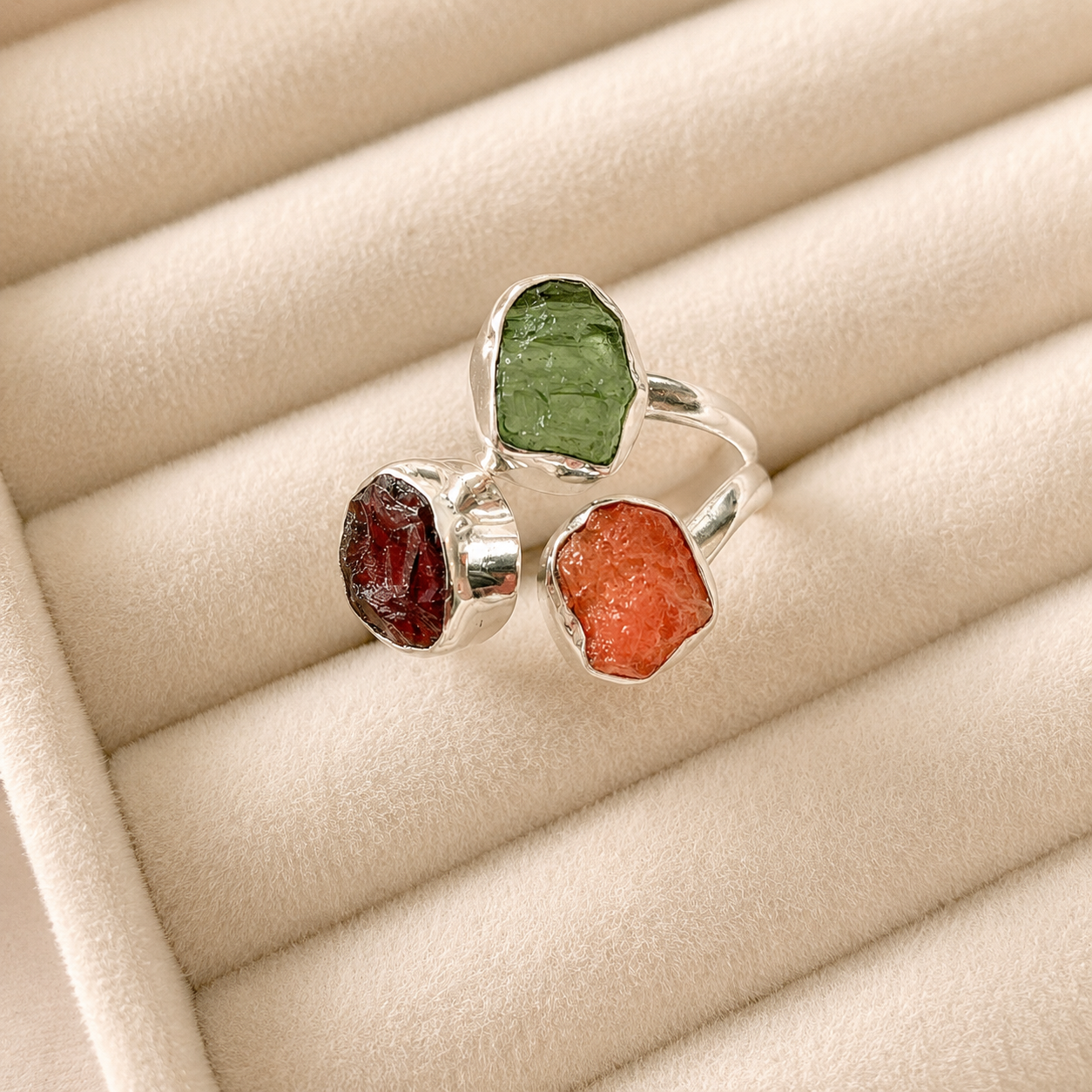 Designer – Moldavite, Mexican Opal & Garnet Ring