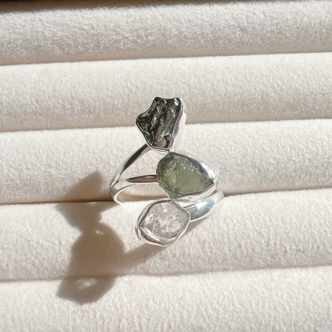 MOLDAVITE, HERKIMER DIAMOND & CAMPO DEL CIELO RING