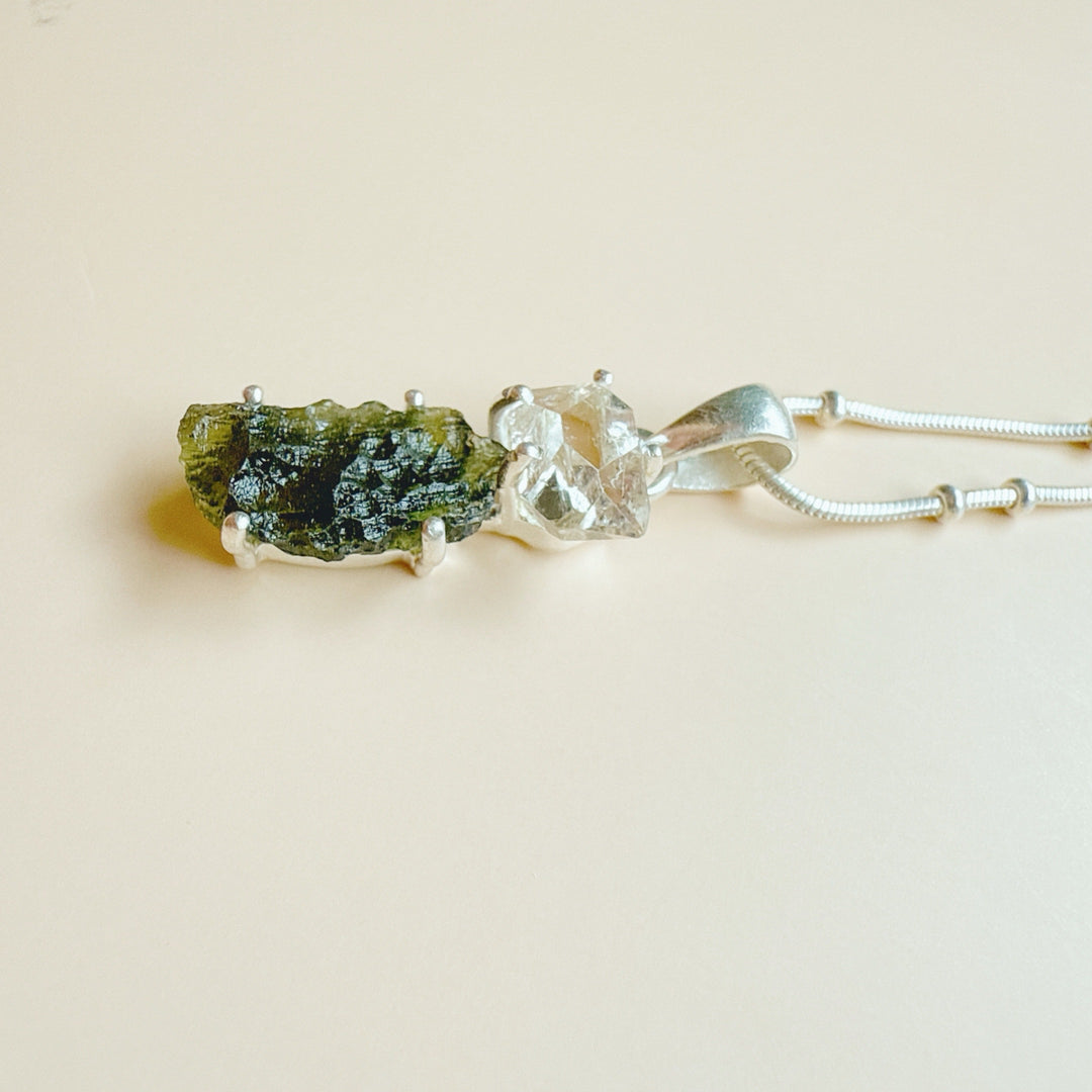 MOLDAVITE & HERKEMIER DIAMOND PENDANT