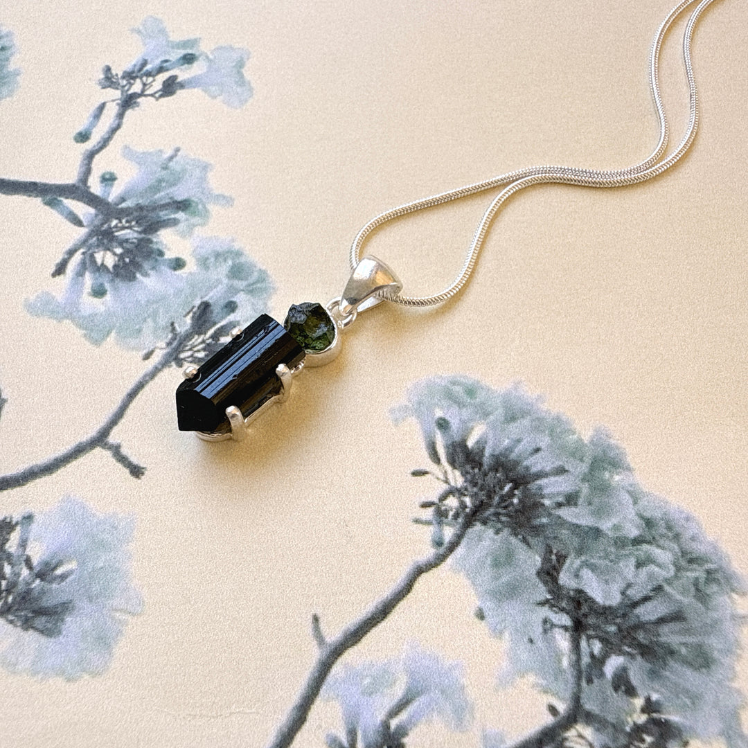 Moldavite & Black Tourmaline Pendant