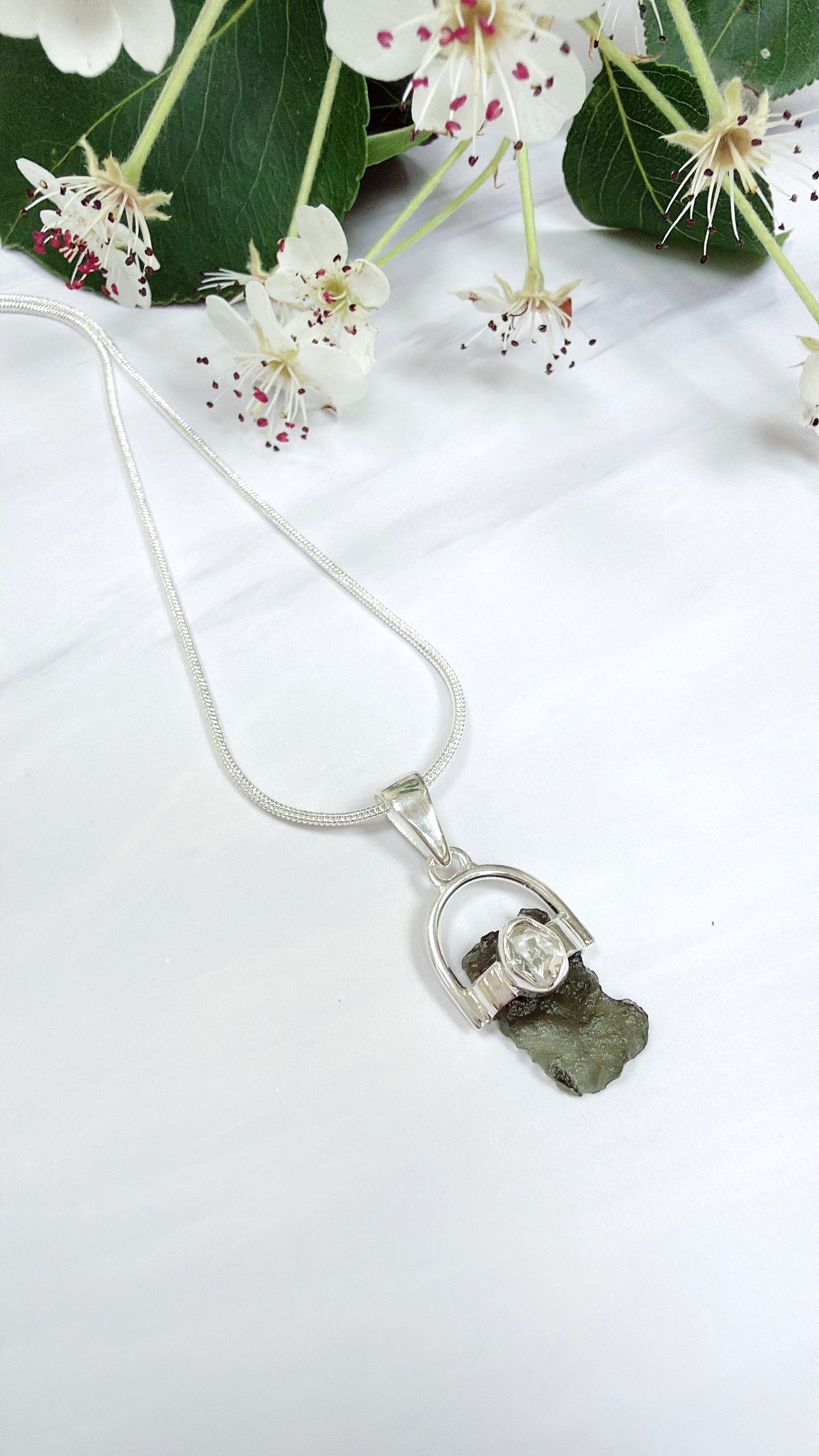 Moldavite with Herkimer Diamond Pendant