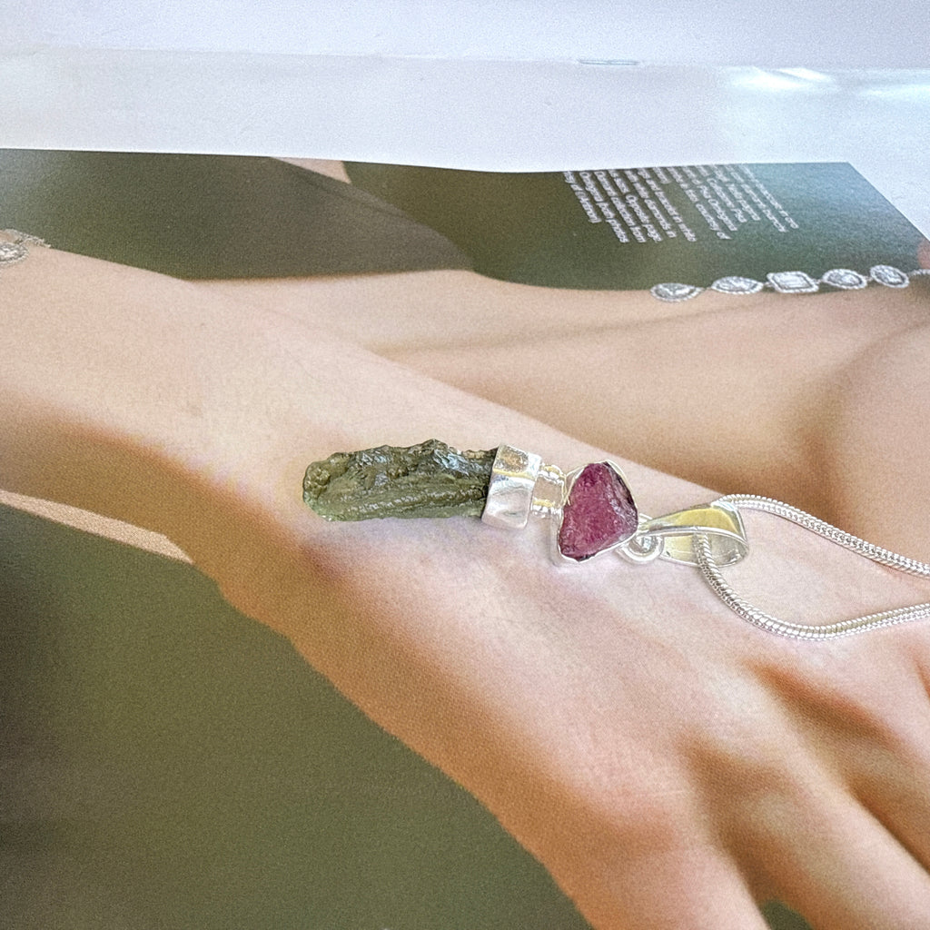 Moldavite & Pink Tourmaline Pendant