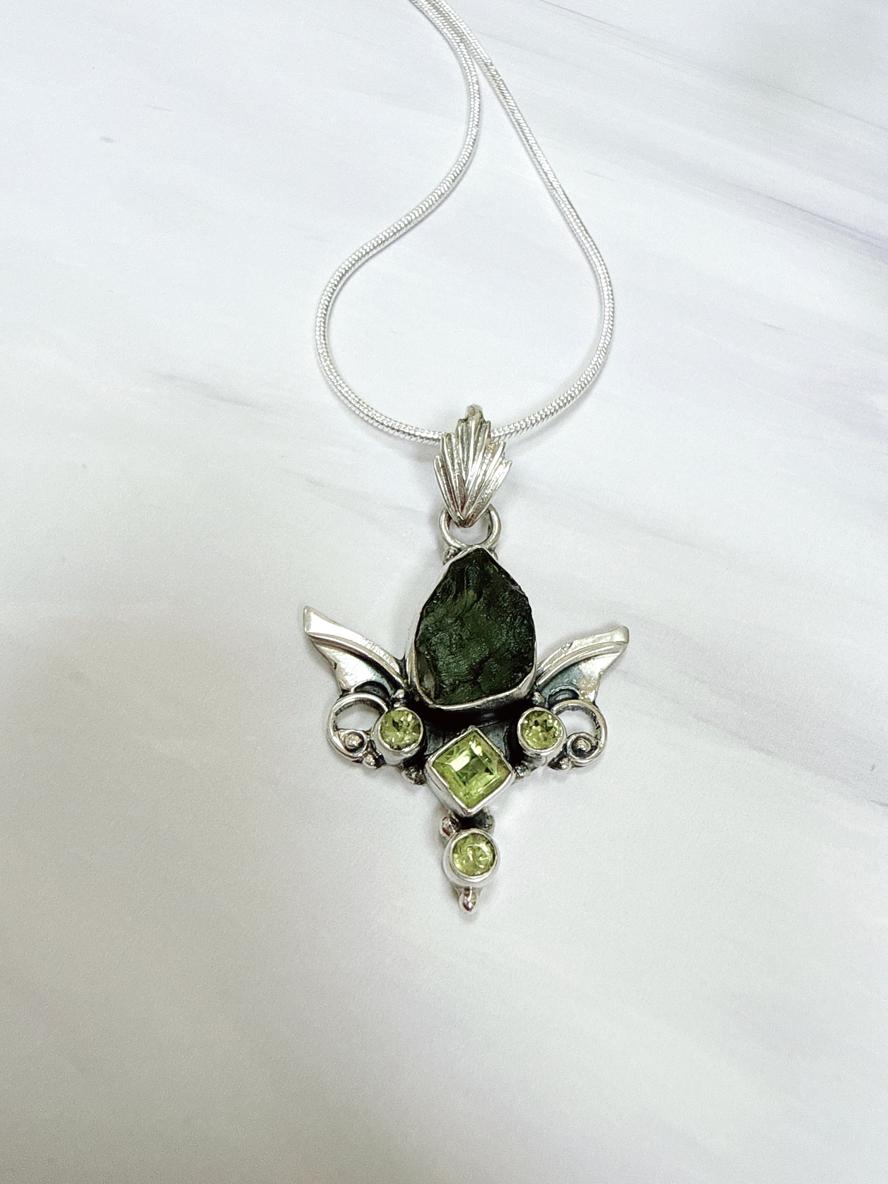 Moldavite & Peridot Faceted Pendant