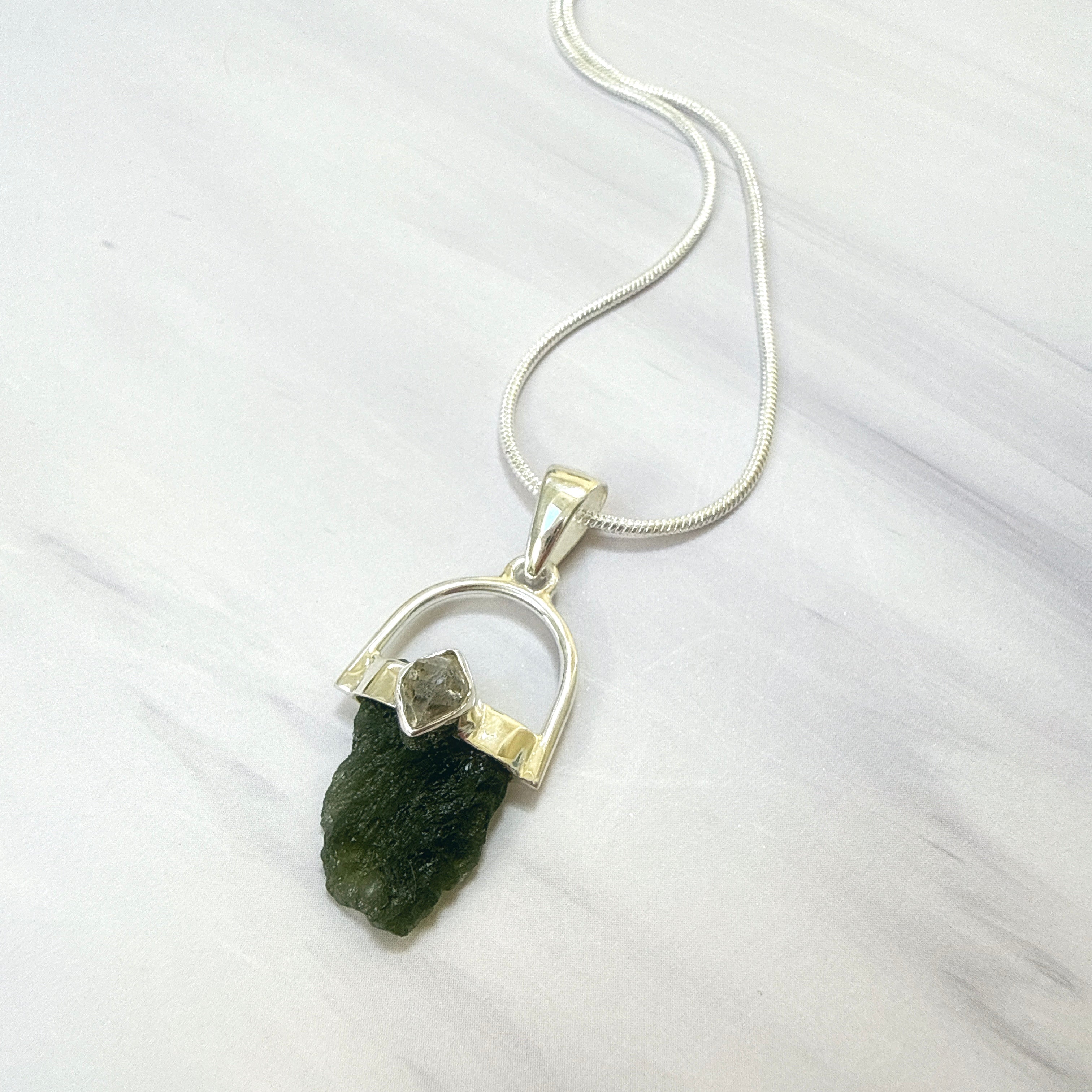 Moldavite with Herkimer Diamond Pendant