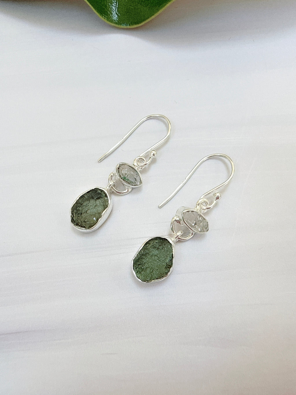 Moldavite & Herkimer Diamond Earrings