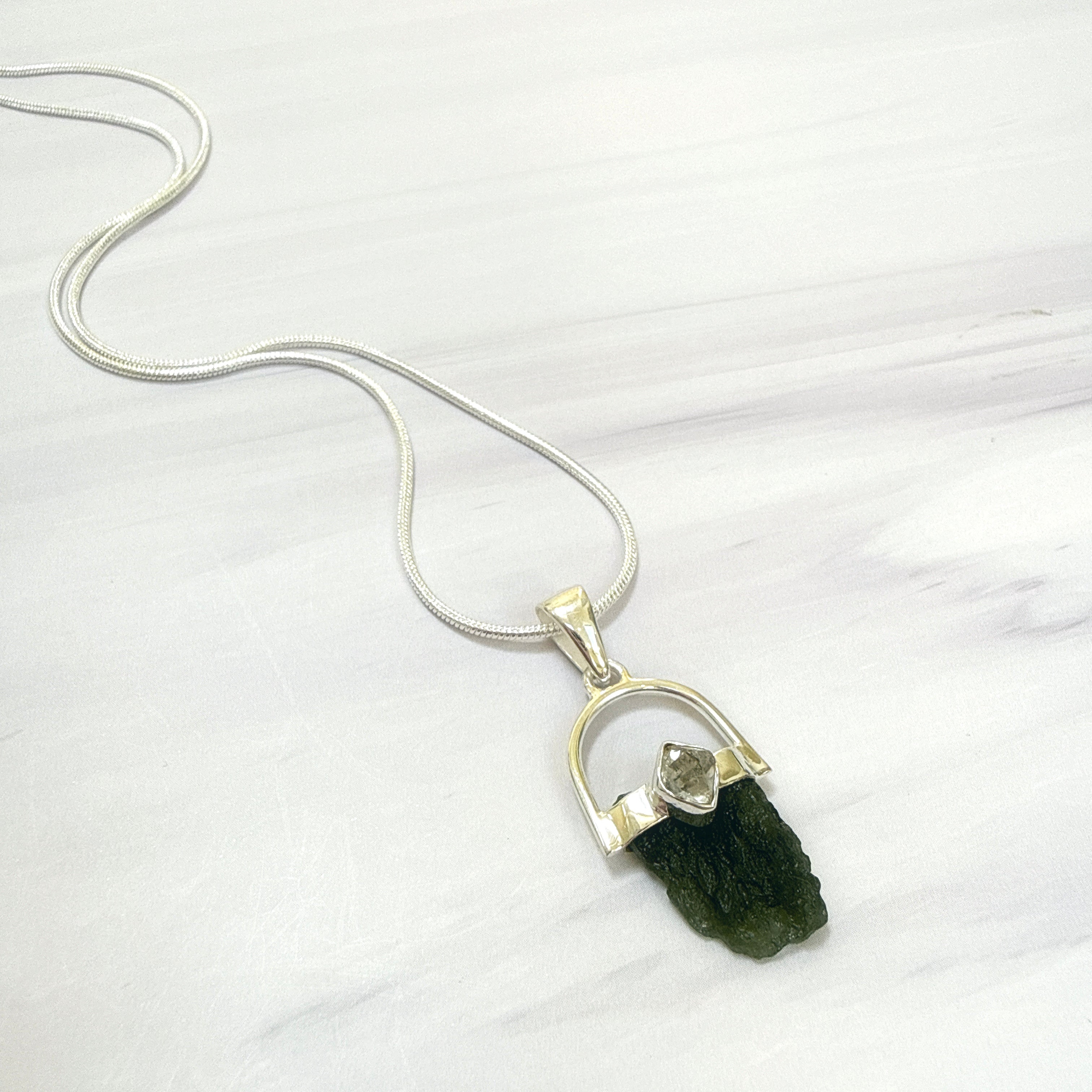 Moldavite with Herkimer Diamond Pendant