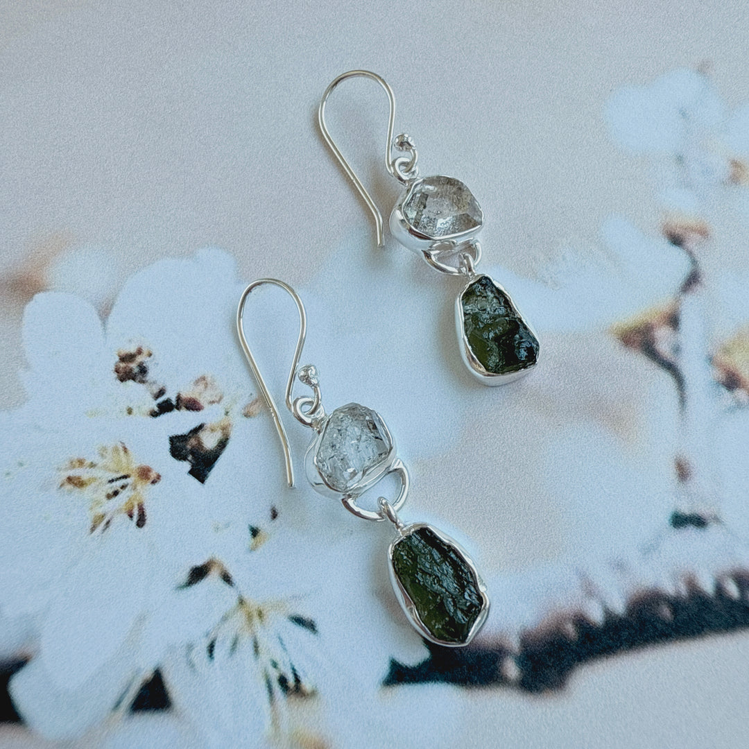 Moldavite & Herkemir Diamond Earrings