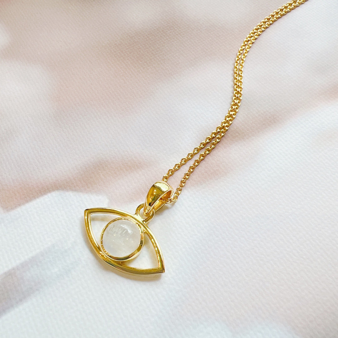 Evil Eye Rainbow Moonstone Pendant & Gold Plated Necklace 925 Silver