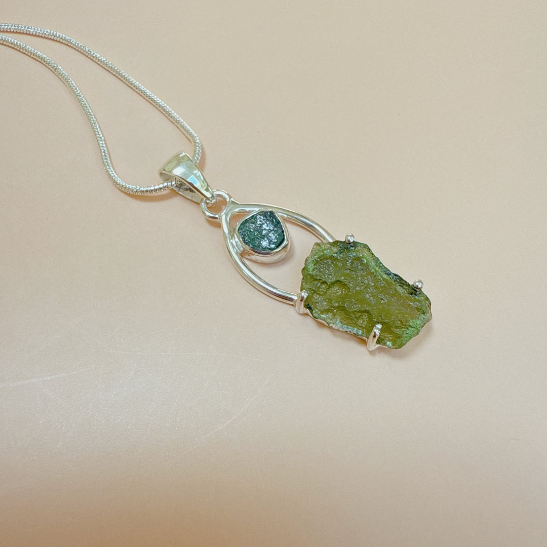 MOLDAVITE & GREEN TOURMALINE PENDANT