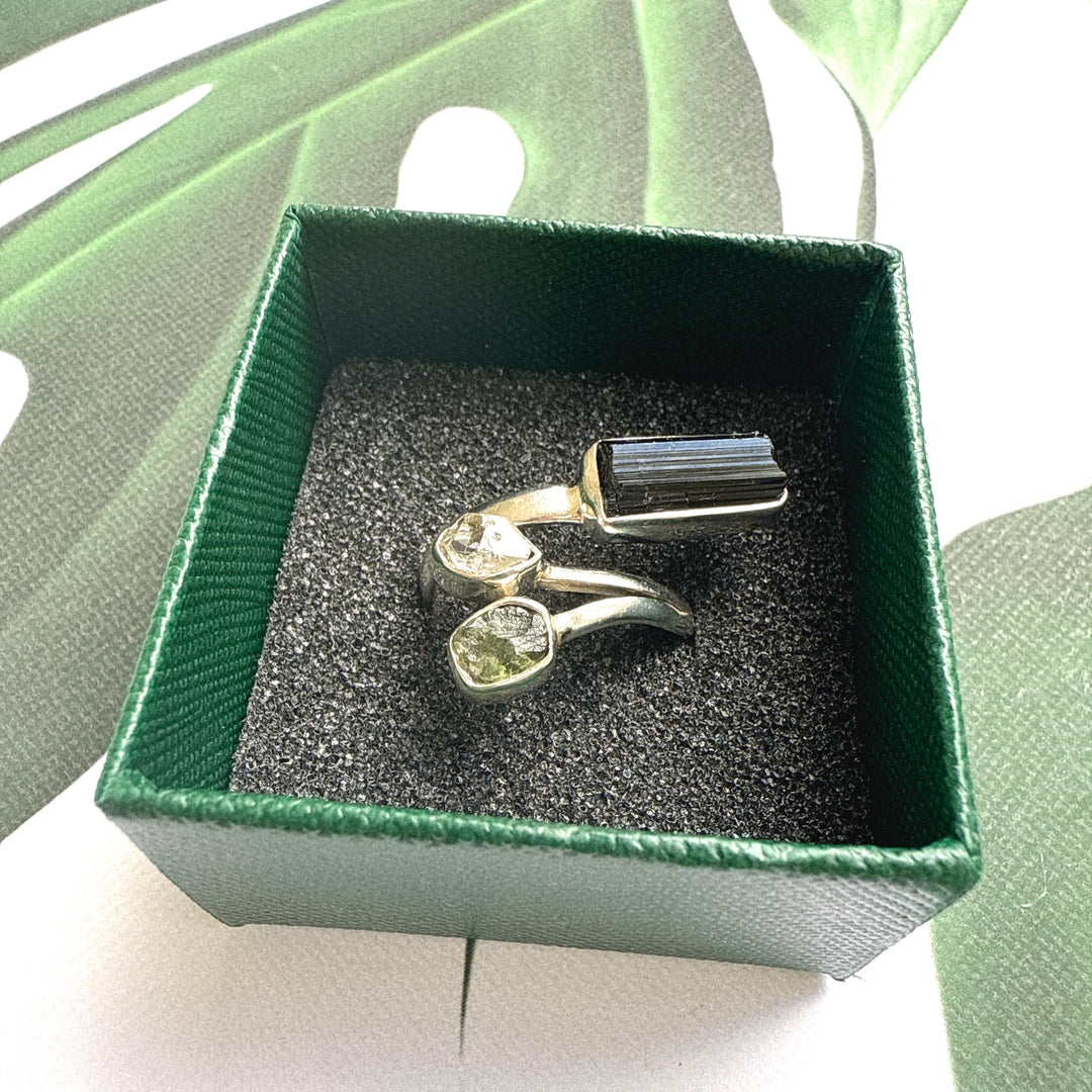 Moldavite, Herkimer & Black Tourmaline Ring