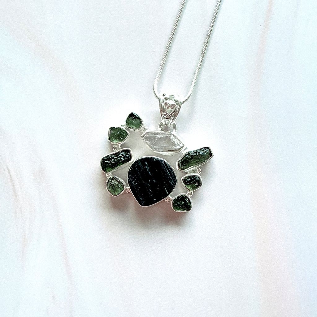 Designer – Moldavite, Black Tourmaline & Herkimer Diamond Pendant