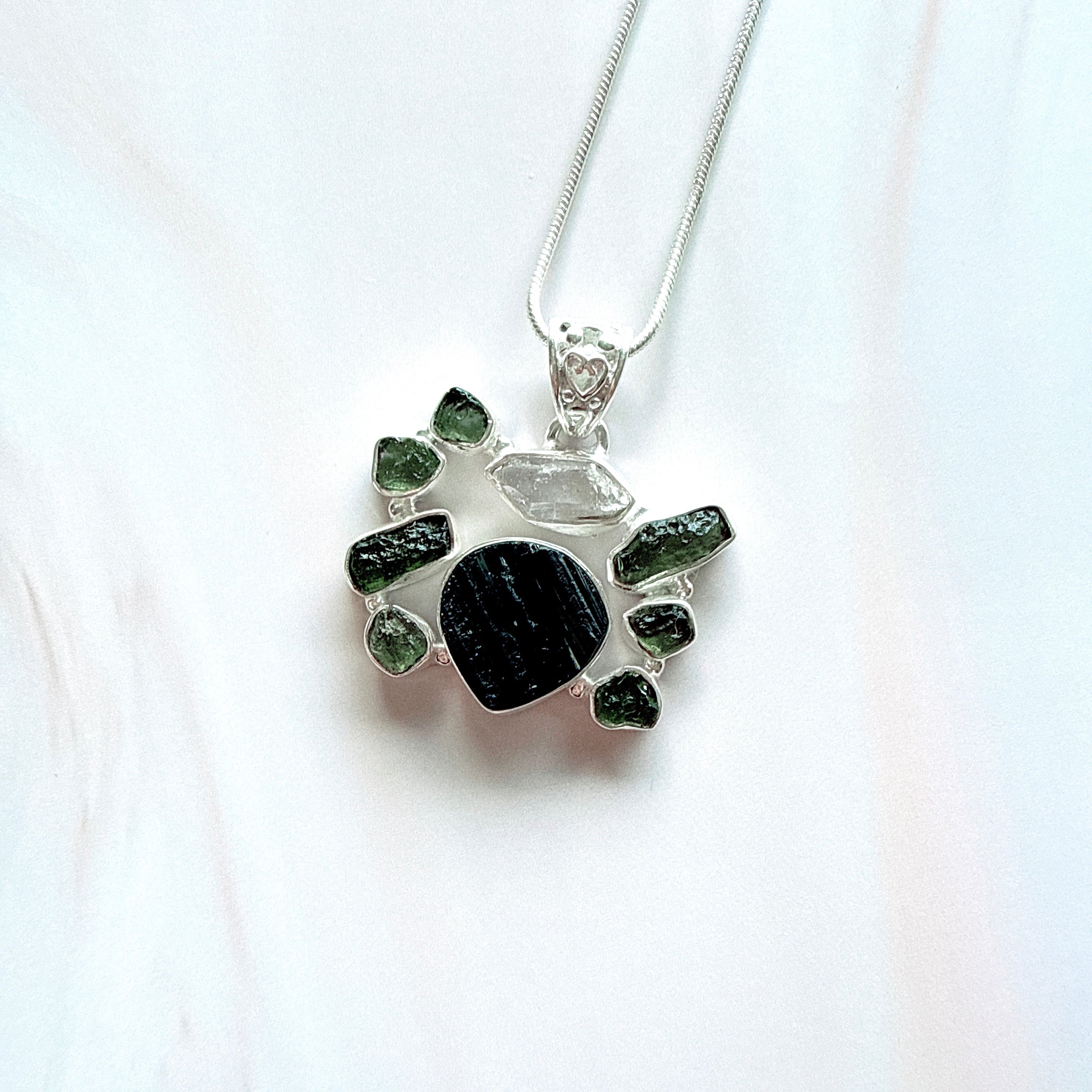 Designer – Moldavite, Black Tourmaline & Herkimer Diamond Pendant