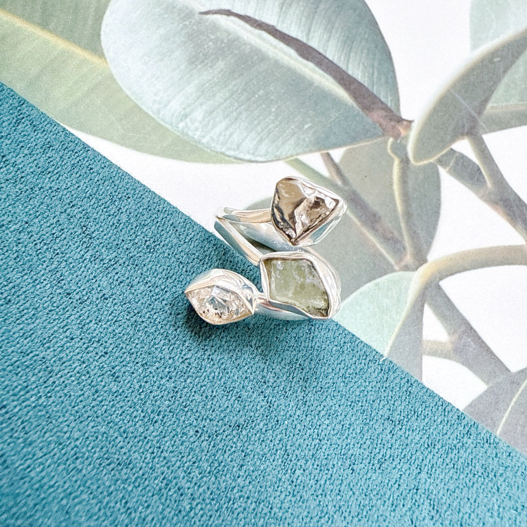 MOLDAVITE, HERKIMER DIAMOND & CAMPO DEL CIELO RING