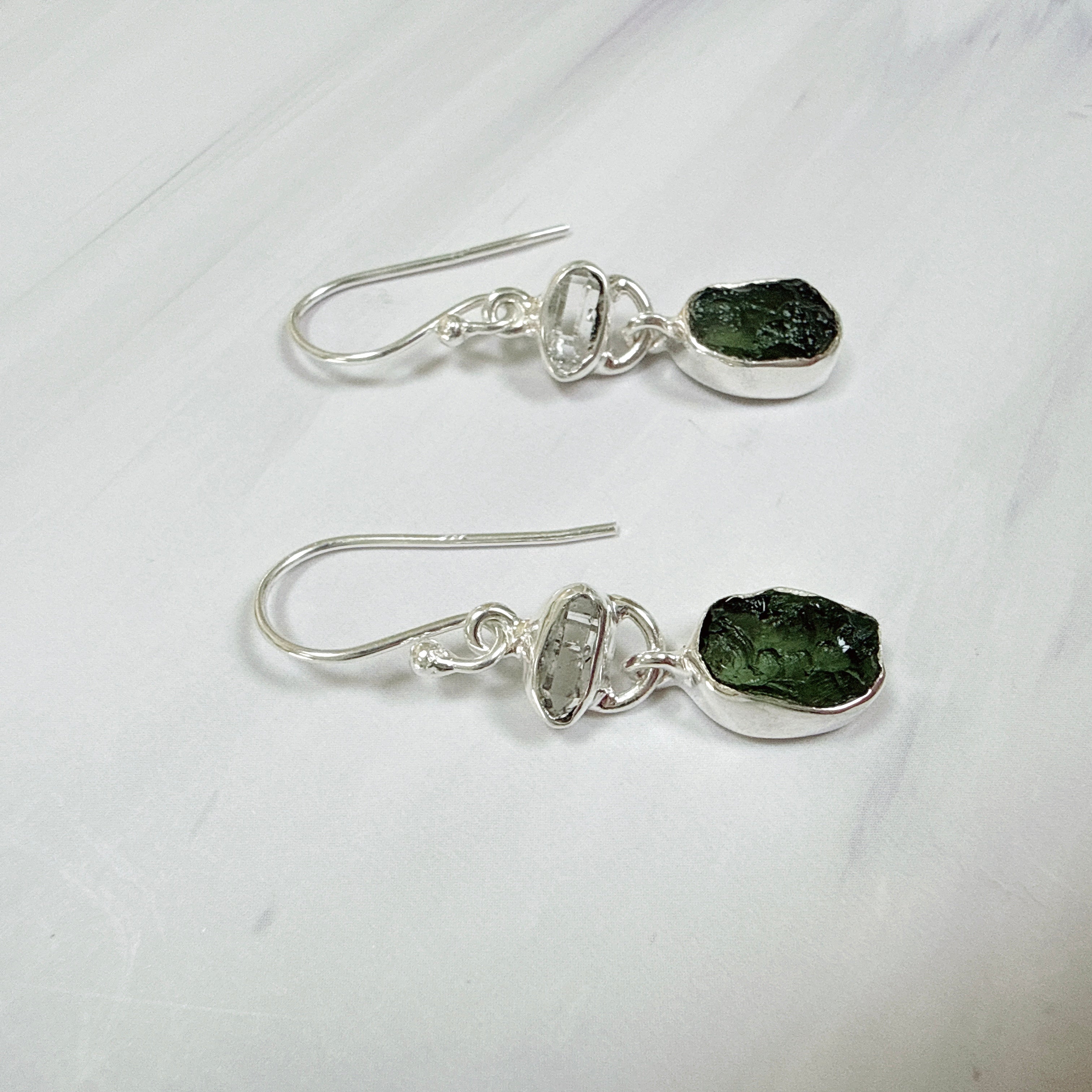 Moldavite & Herkimer Diamond Earrings